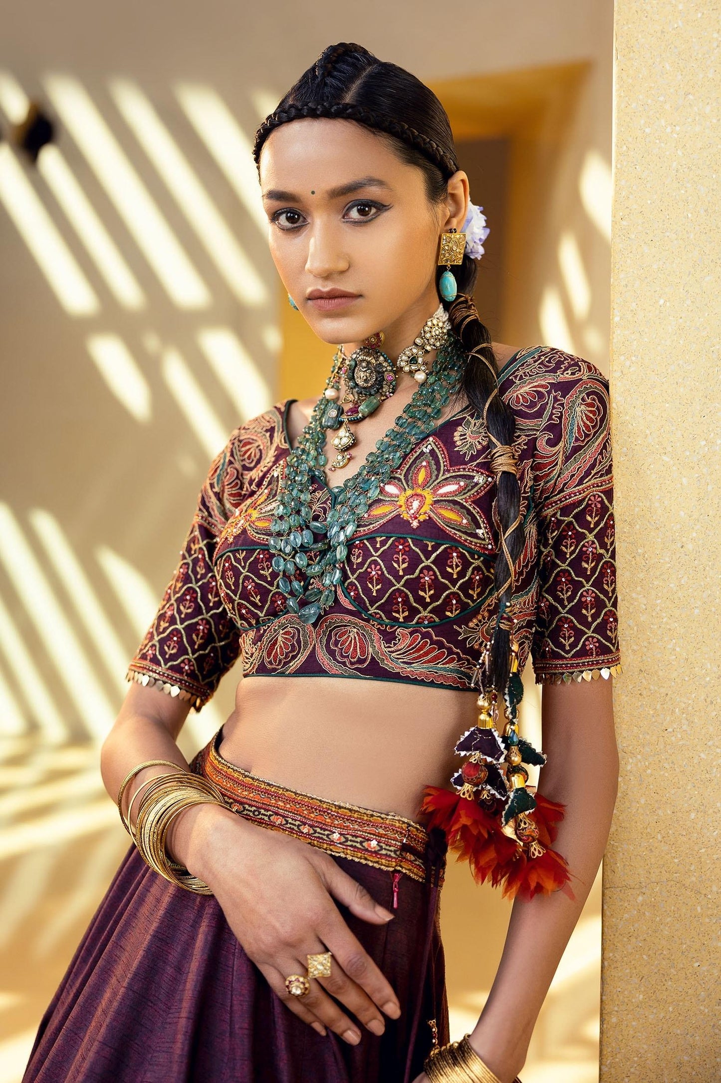 Purple Blouse And Lehenga Skirt Natural Silk, Mehjabeen Embroidered Bridal Set - Designer Kurta Set
