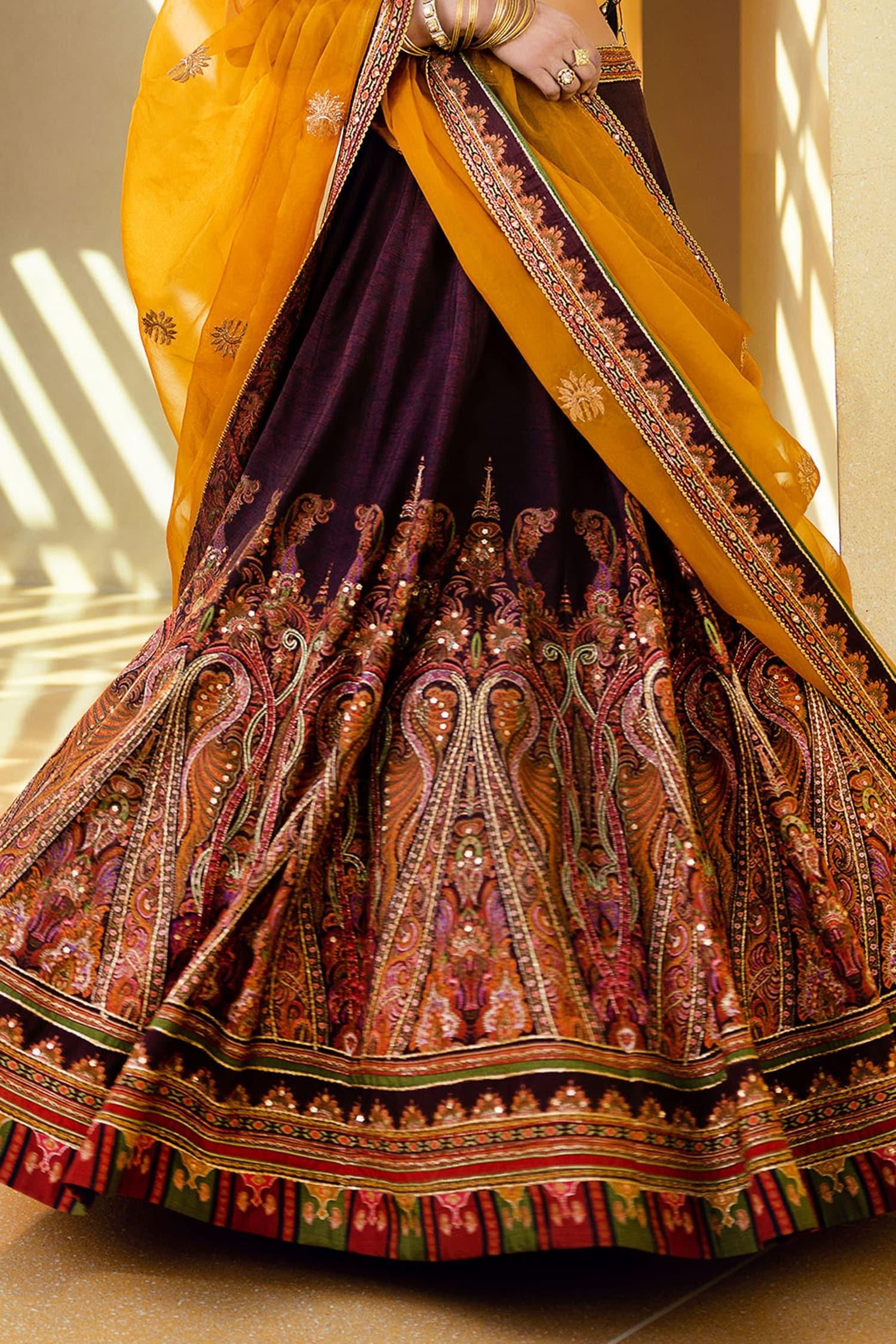 Purple Blouse And Lehenga Skirt Natural Silk, Mehjabeen Embroidered Bridal Set - Designer Kurta Set