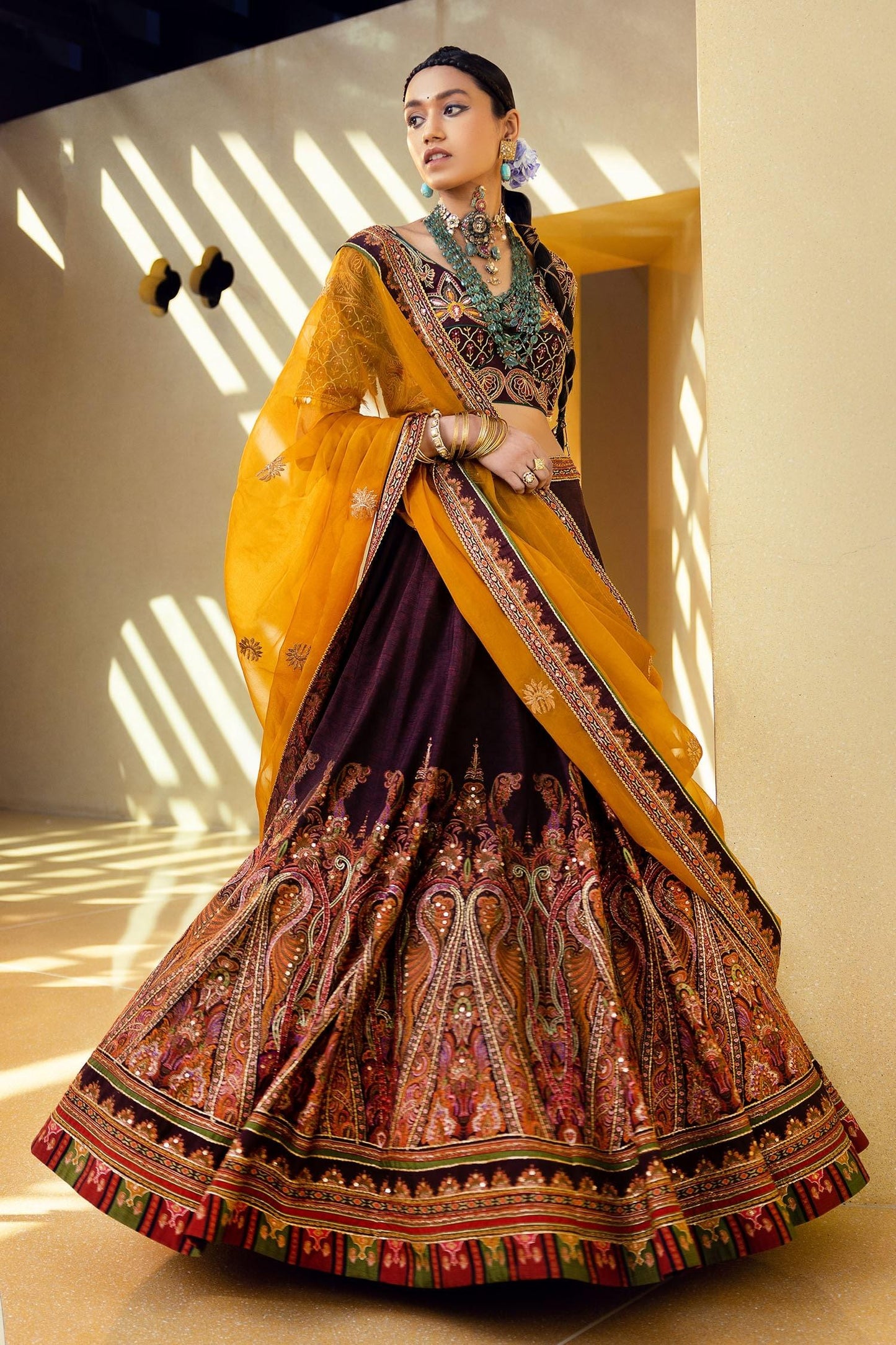 Purple Blouse And Lehenga Skirt Natural Silk, Mehjabeen Embroidered Bridal Set - Designer Kurta Set