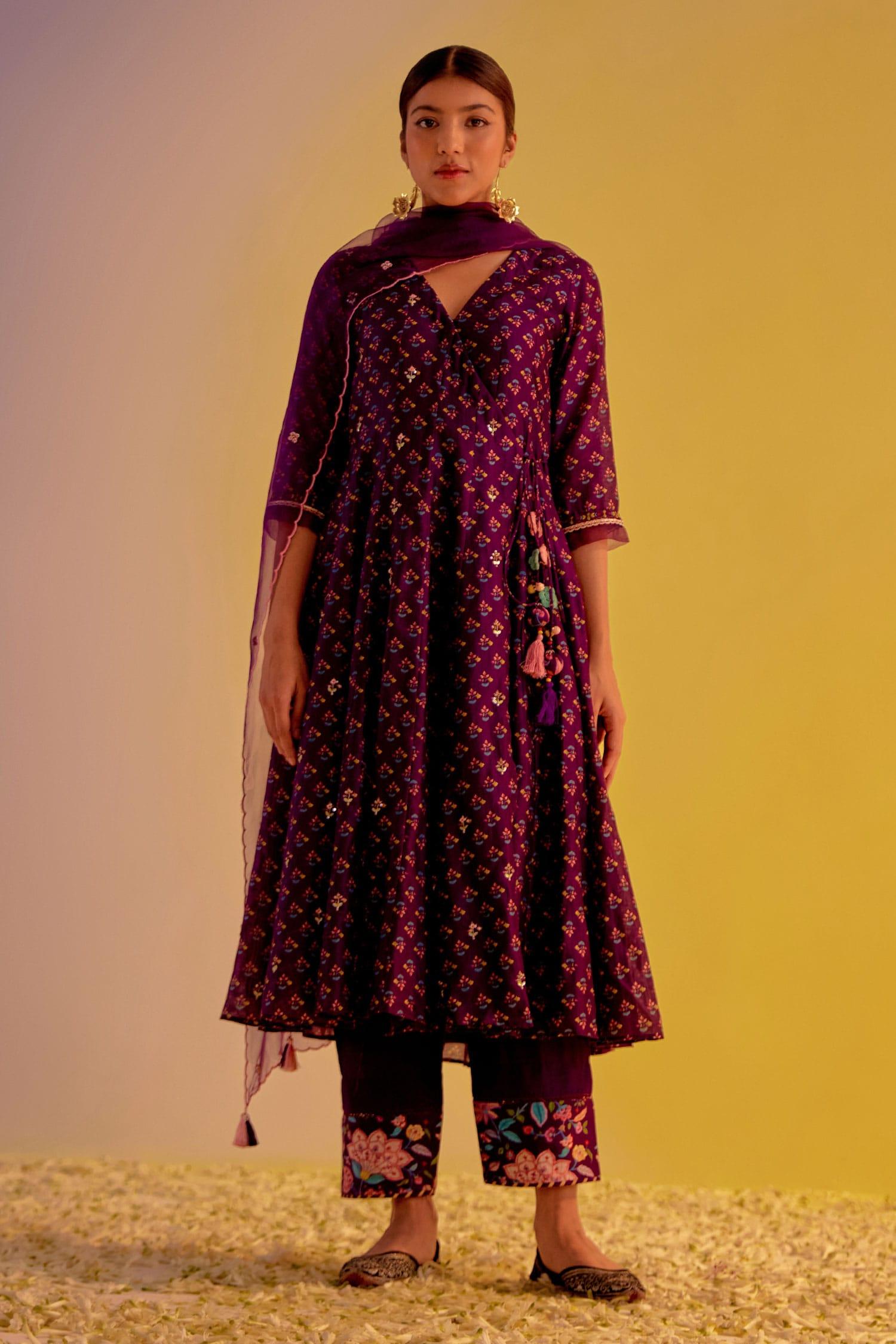 Purple Chanderi, Organza Tassels, Zubaida Angarkha Printed Anarkali Trouser Set - Designer Kurta Set