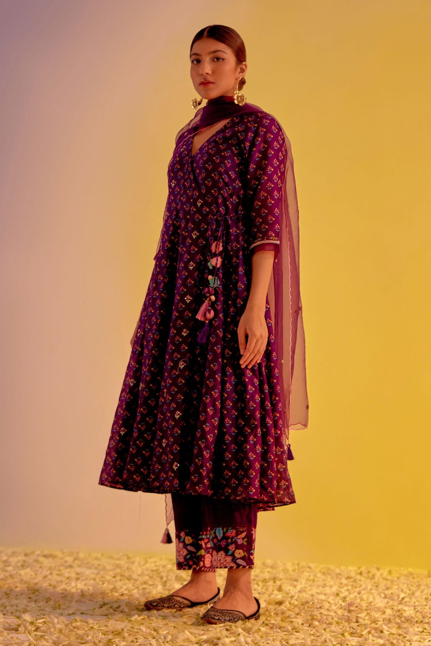 Purple Chanderi, Organza Tassels, Zubaida Angarkha Printed Anarkali Trouser Set - Designer Kurta Set