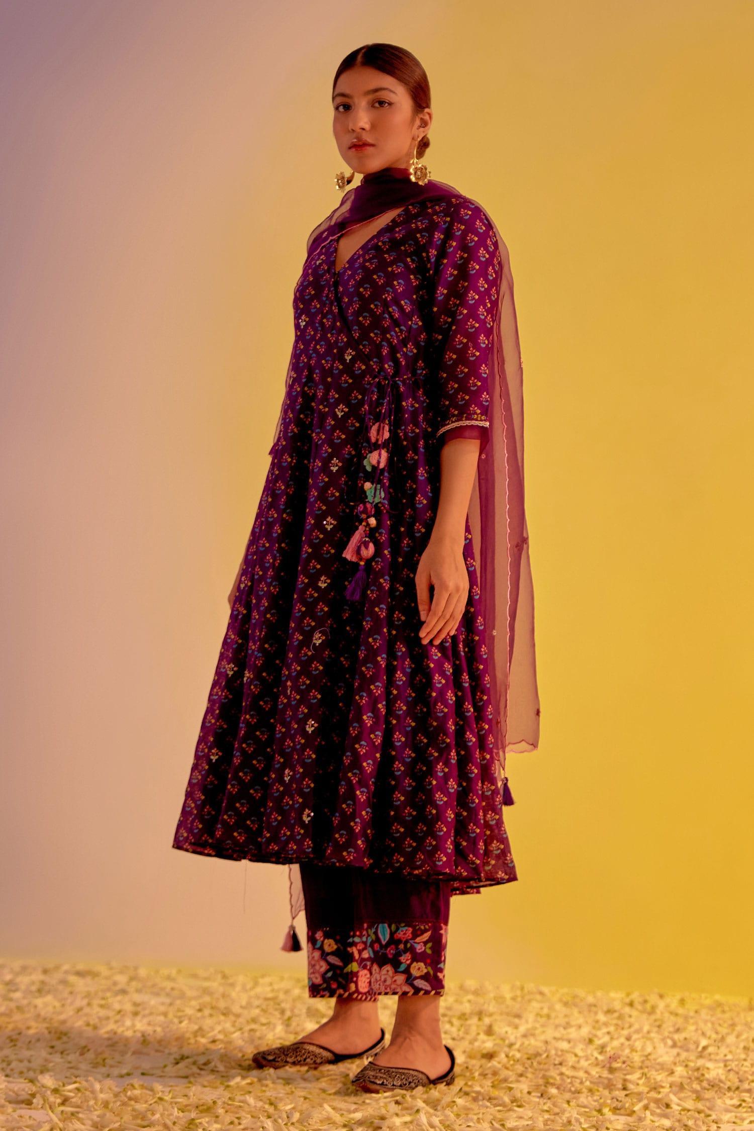 Purple Chanderi, Organza Tassels, Zubaida Angarkha Printed Anarkali Trouser Set - Designer Kurta Set
