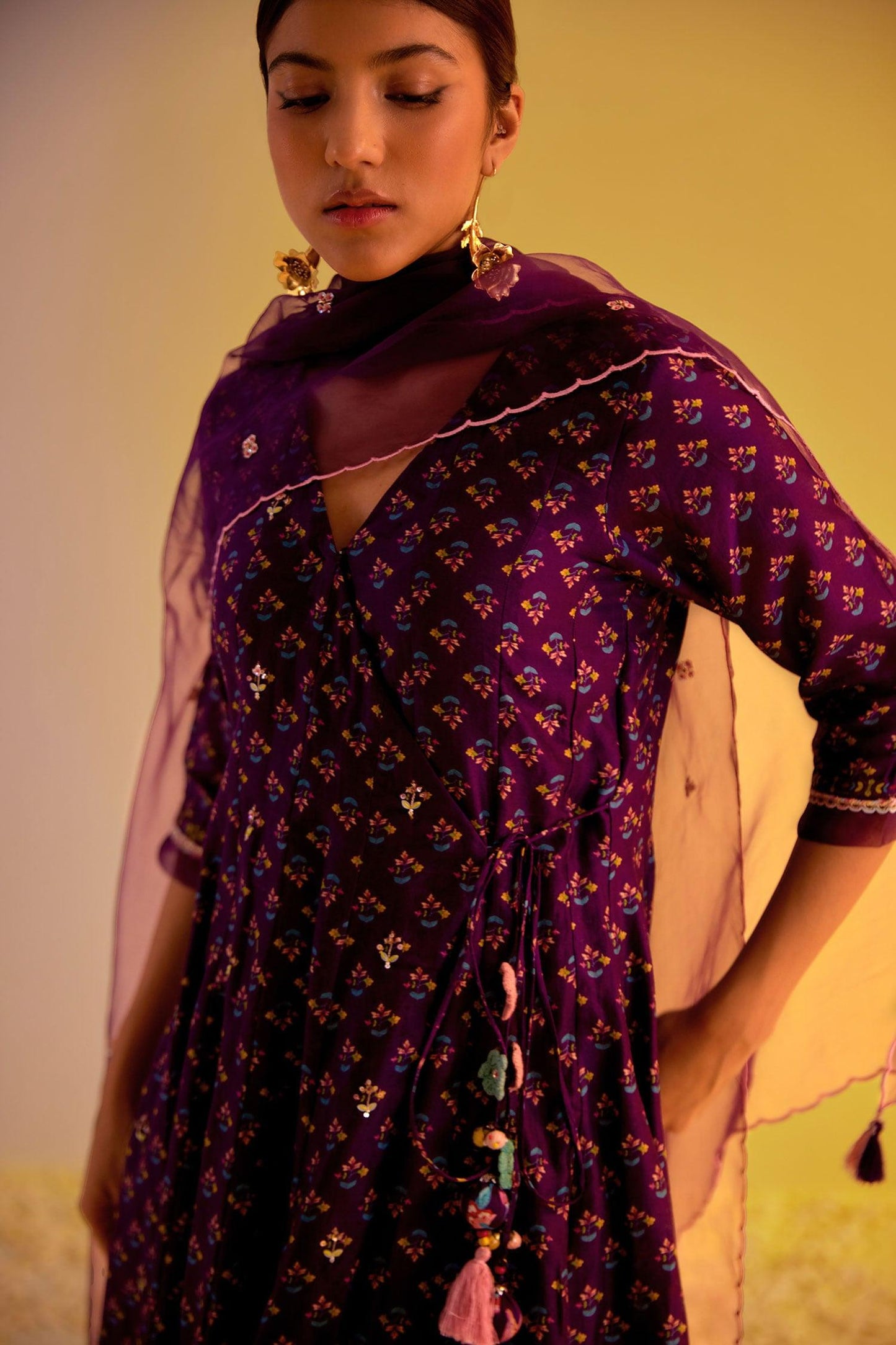 Purple Chanderi, Organza Tassels, Zubaida Angarkha Printed Anarkali Trouser Set - Designer Kurta Set