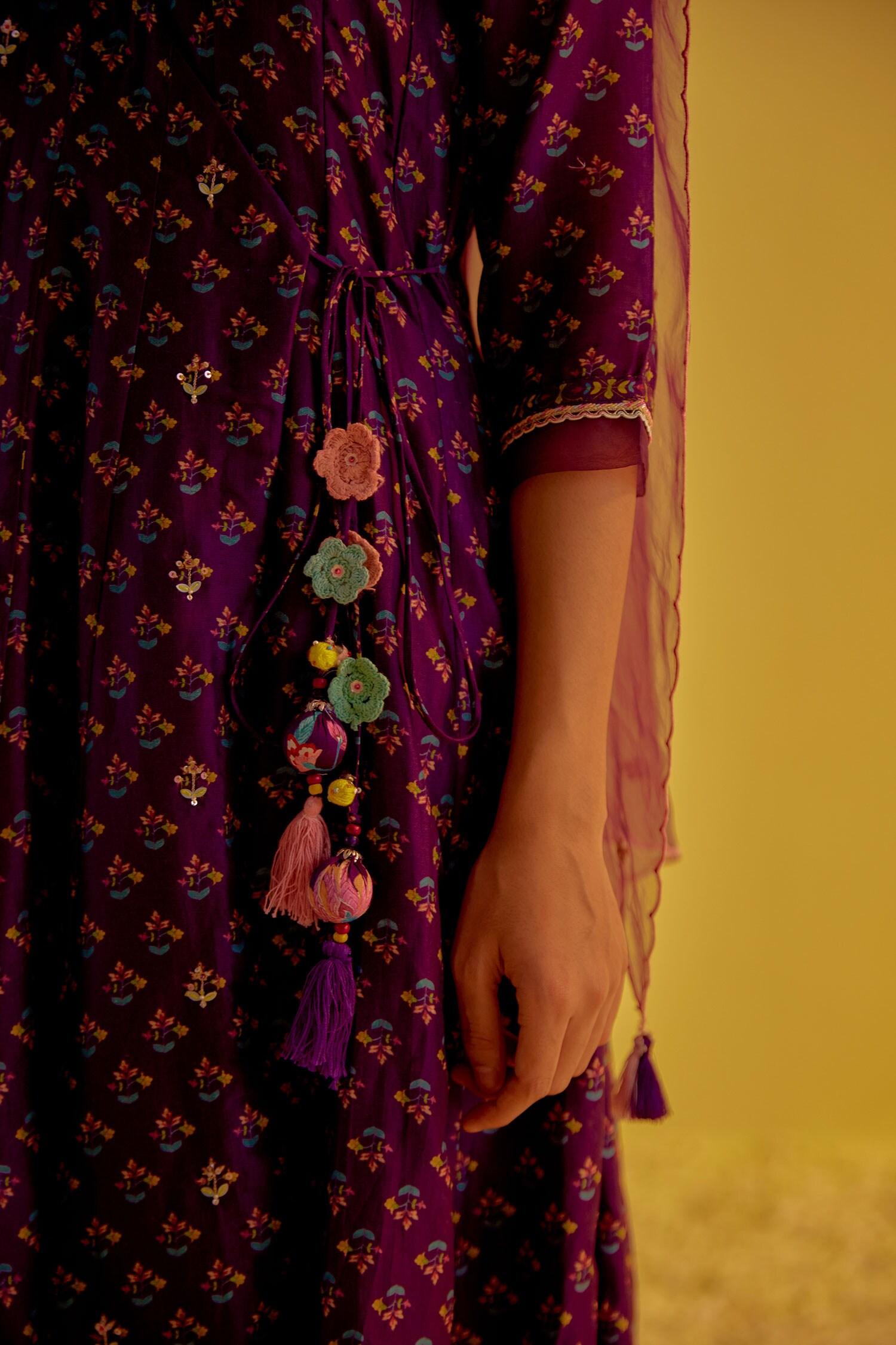 Purple Chanderi, Organza Tassels, Zubaida Angarkha Printed Anarkali Trouser Set - Designer Kurta Set