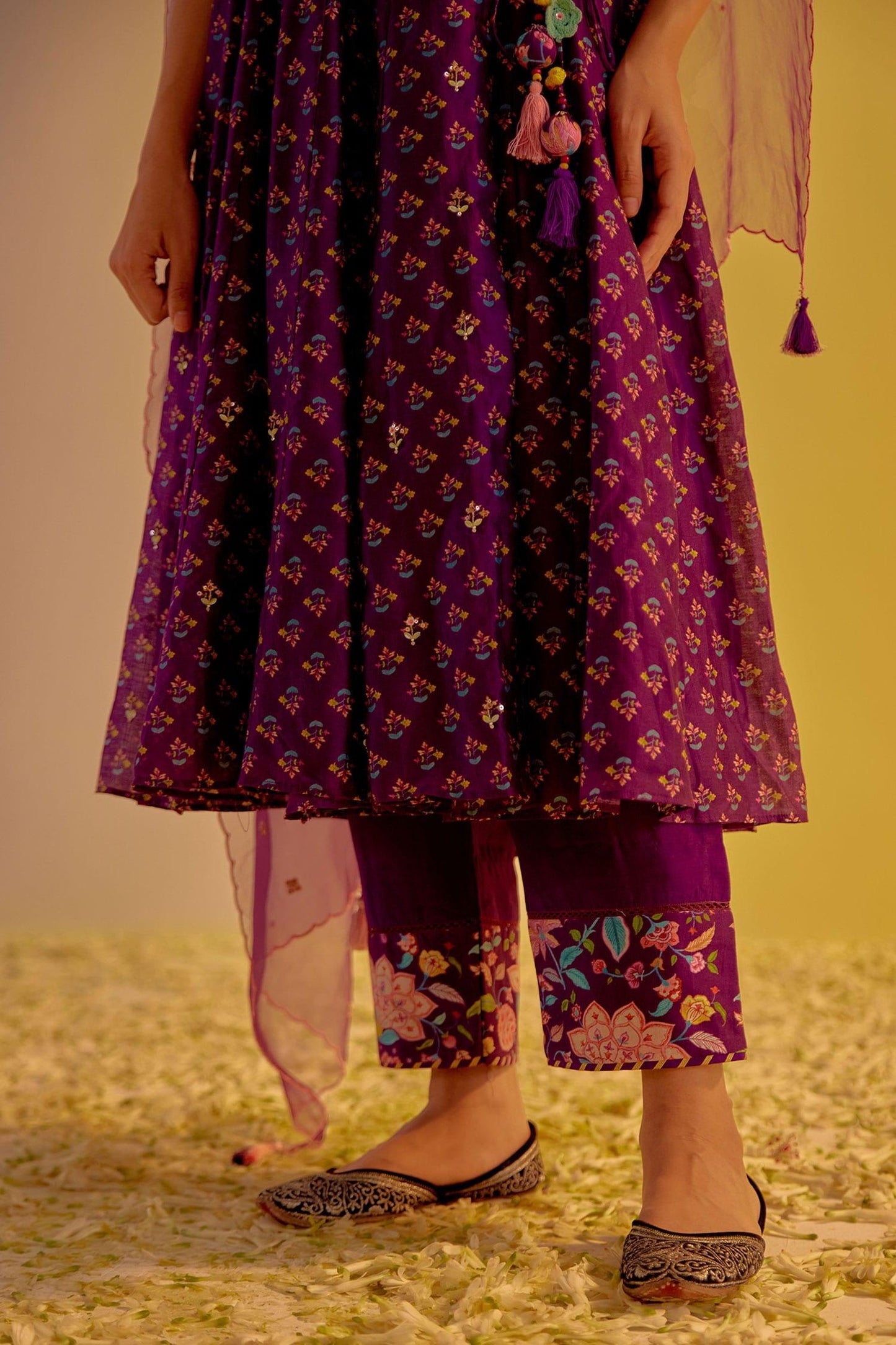 Purple Chanderi, Organza Tassels, Zubaida Angarkha Printed Anarkali Trouser Set - Designer Kurta Set