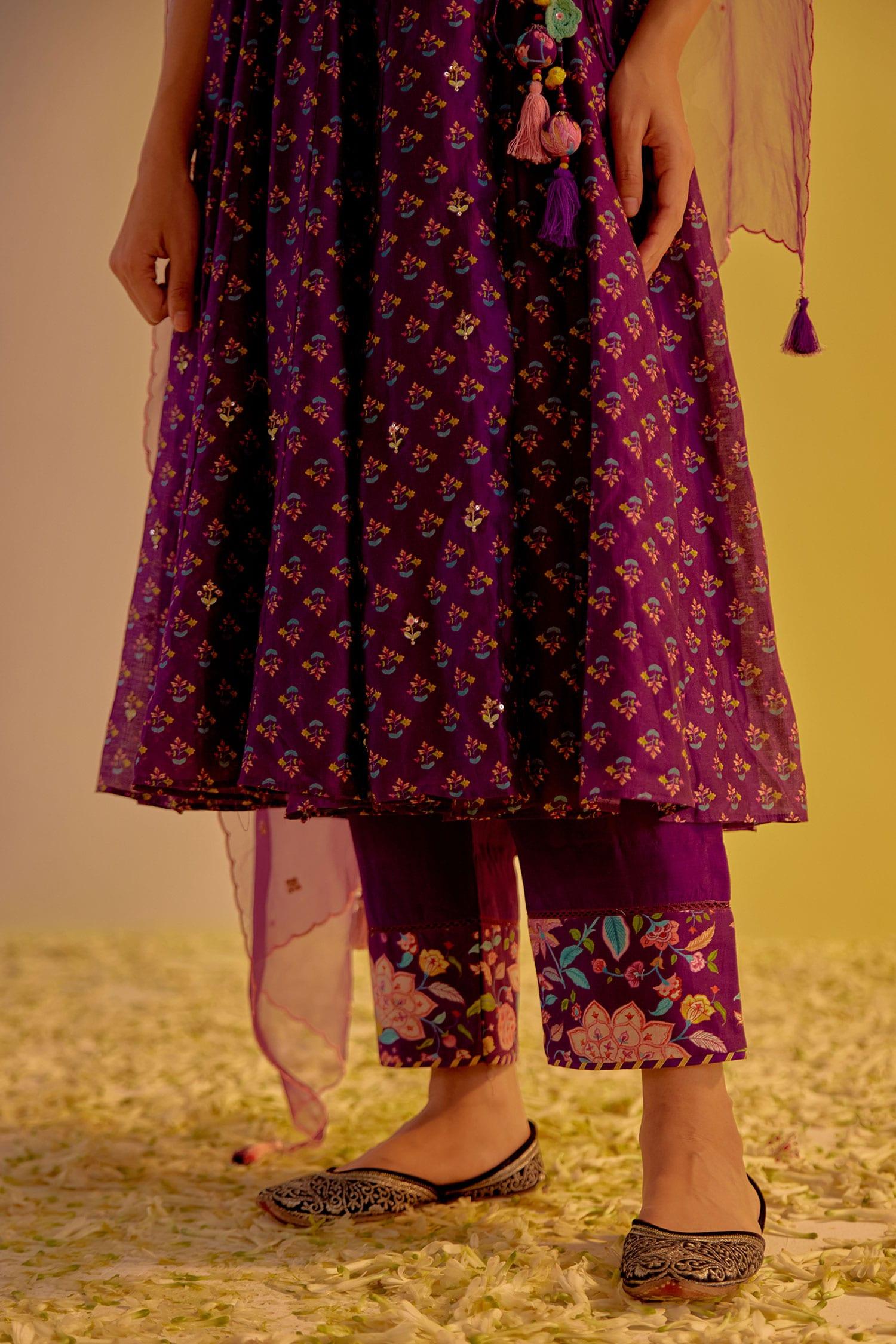 Purple Chanderi, Organza Tassels, Zubaida Angarkha Printed Anarkali Trouser Set - Designer Kurta Set