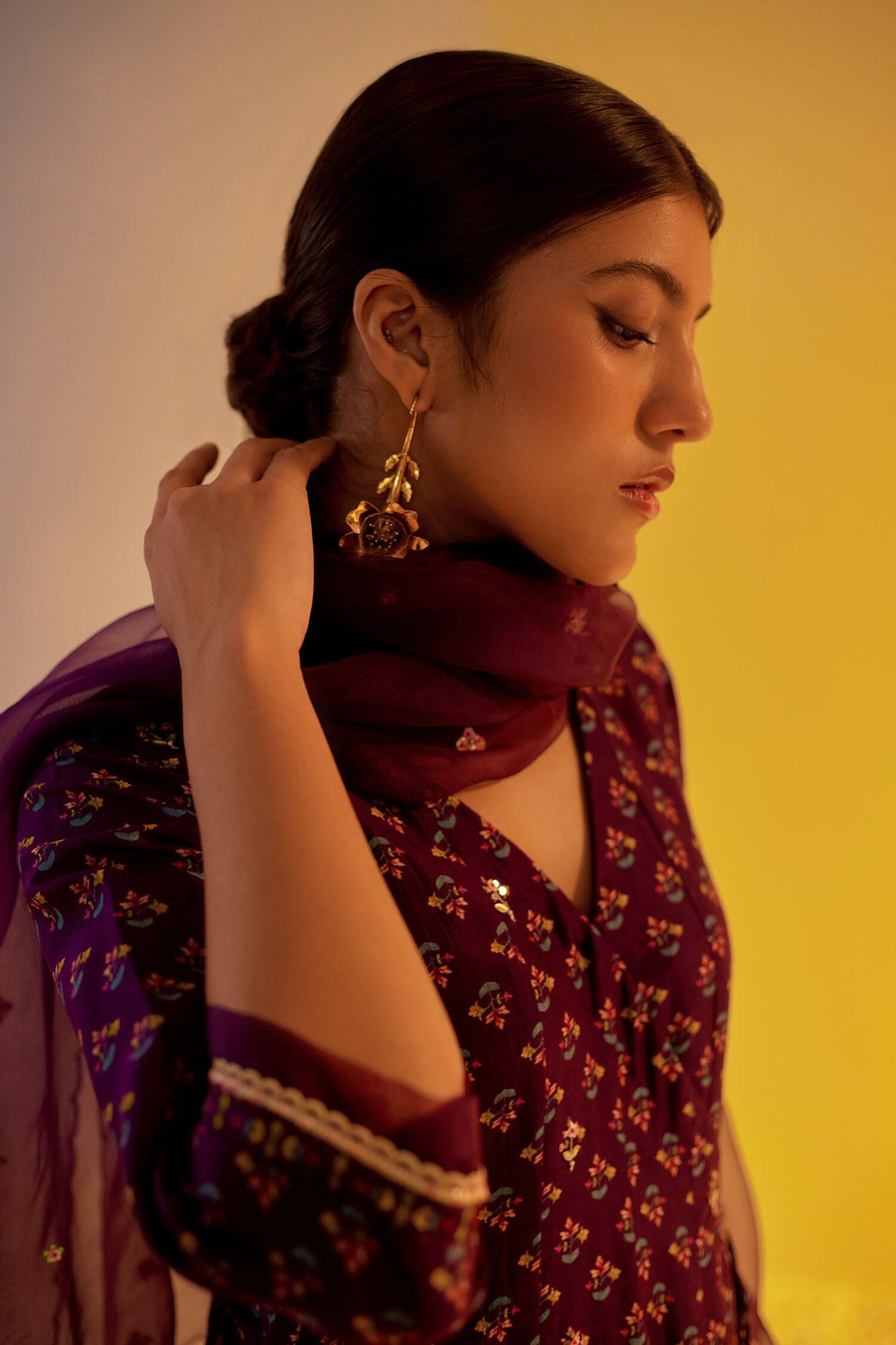 Purple Chanderi, Organza Tassels, Zubaida Angarkha Printed Anarkali Trouser Set - Designer Kurta Set