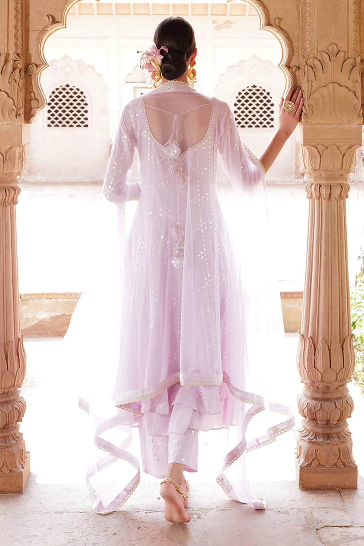 Purple Cotton, Tulle, Net Mirrors, Embroidery V-neck Tiered Anarkali Pant Set - Designer Kurta Set