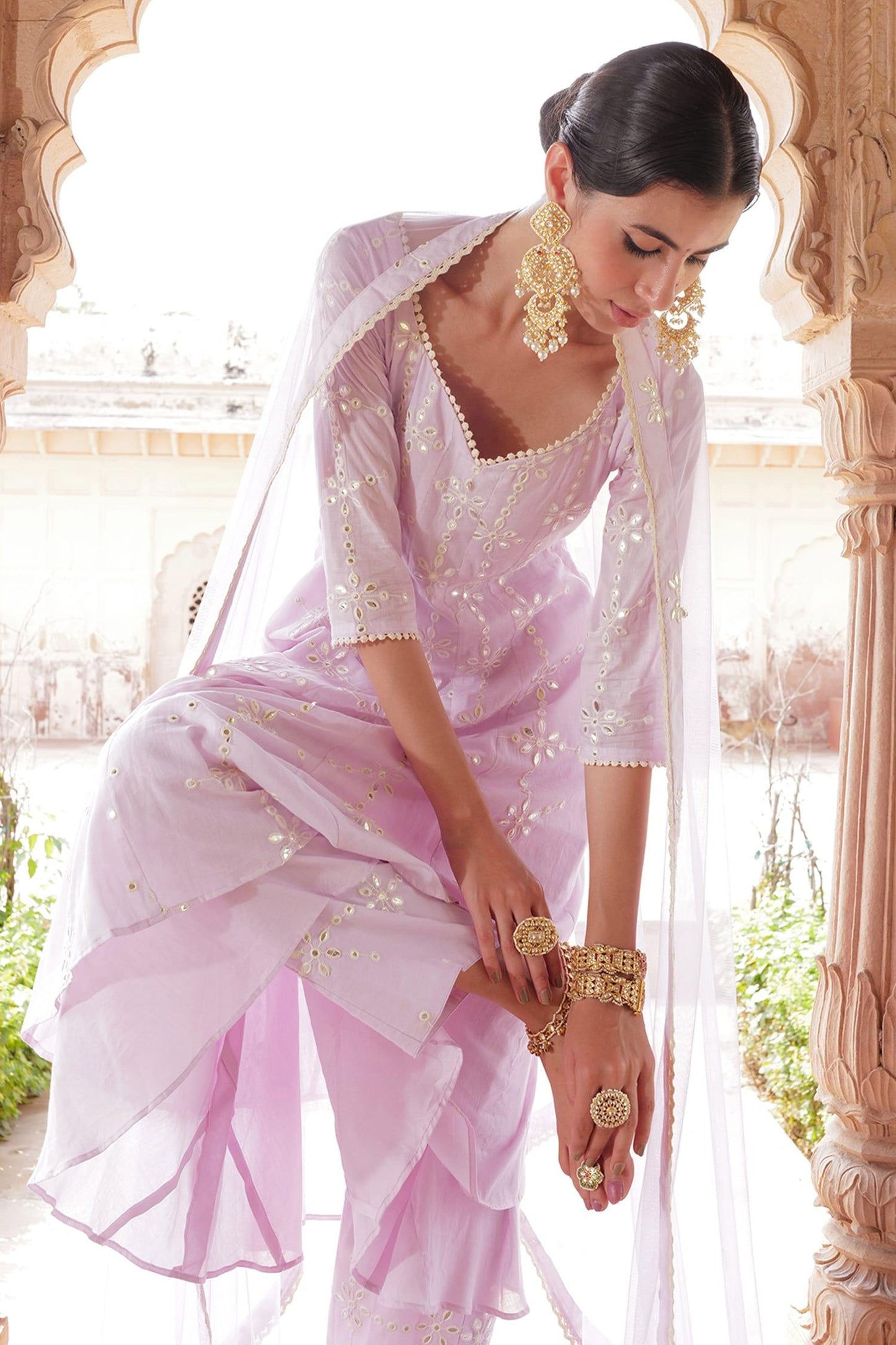 Purple Cotton, Tulle, Net Mirrors, Embroidery V-neck Tiered Anarkali Pant Set - Designer Kurta Set