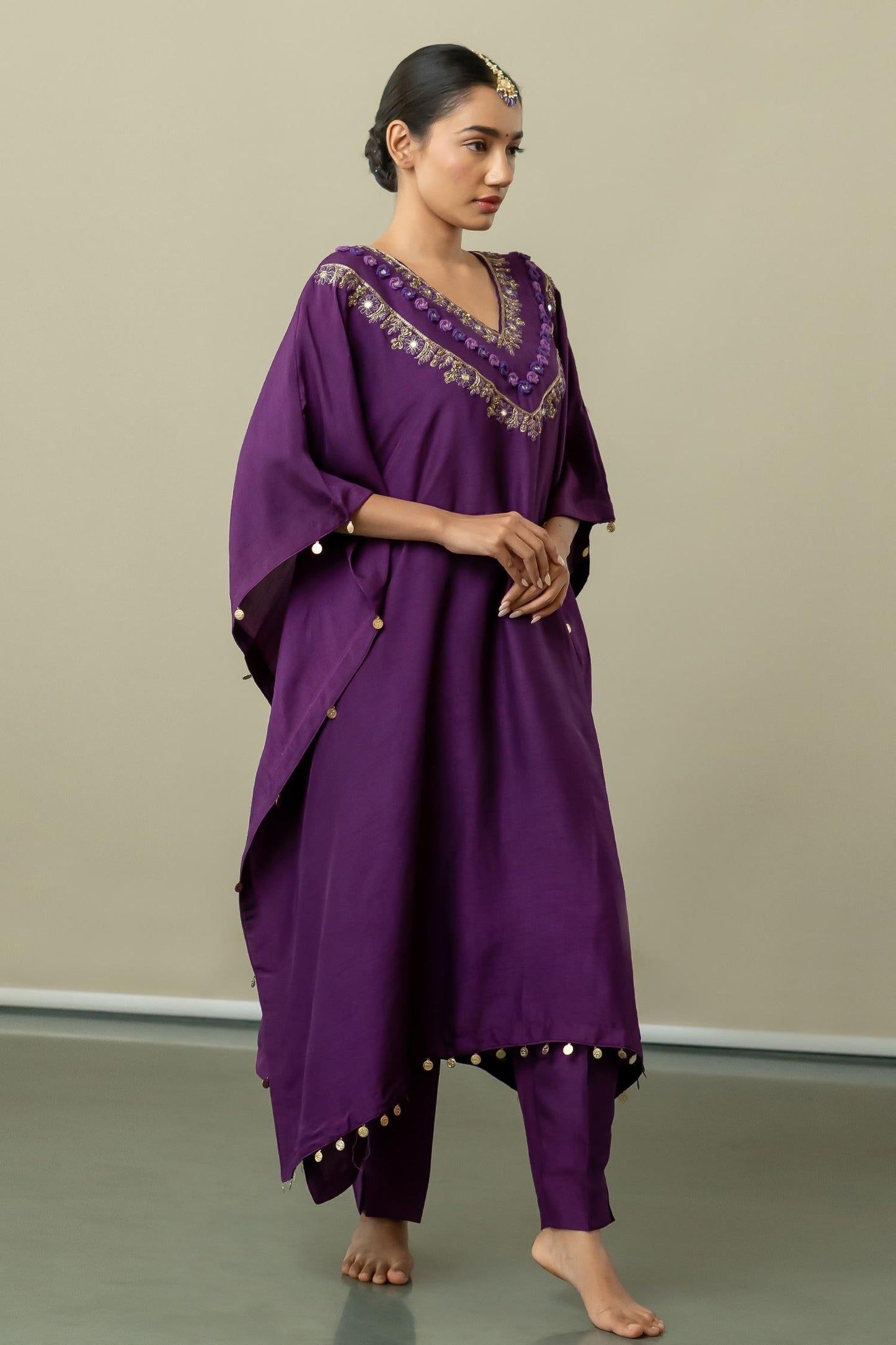 Purple Dupion Silk Embroidery Blossom Fleur Elegance Yoke Kaftan With Trouser - Designer Kurta Set
