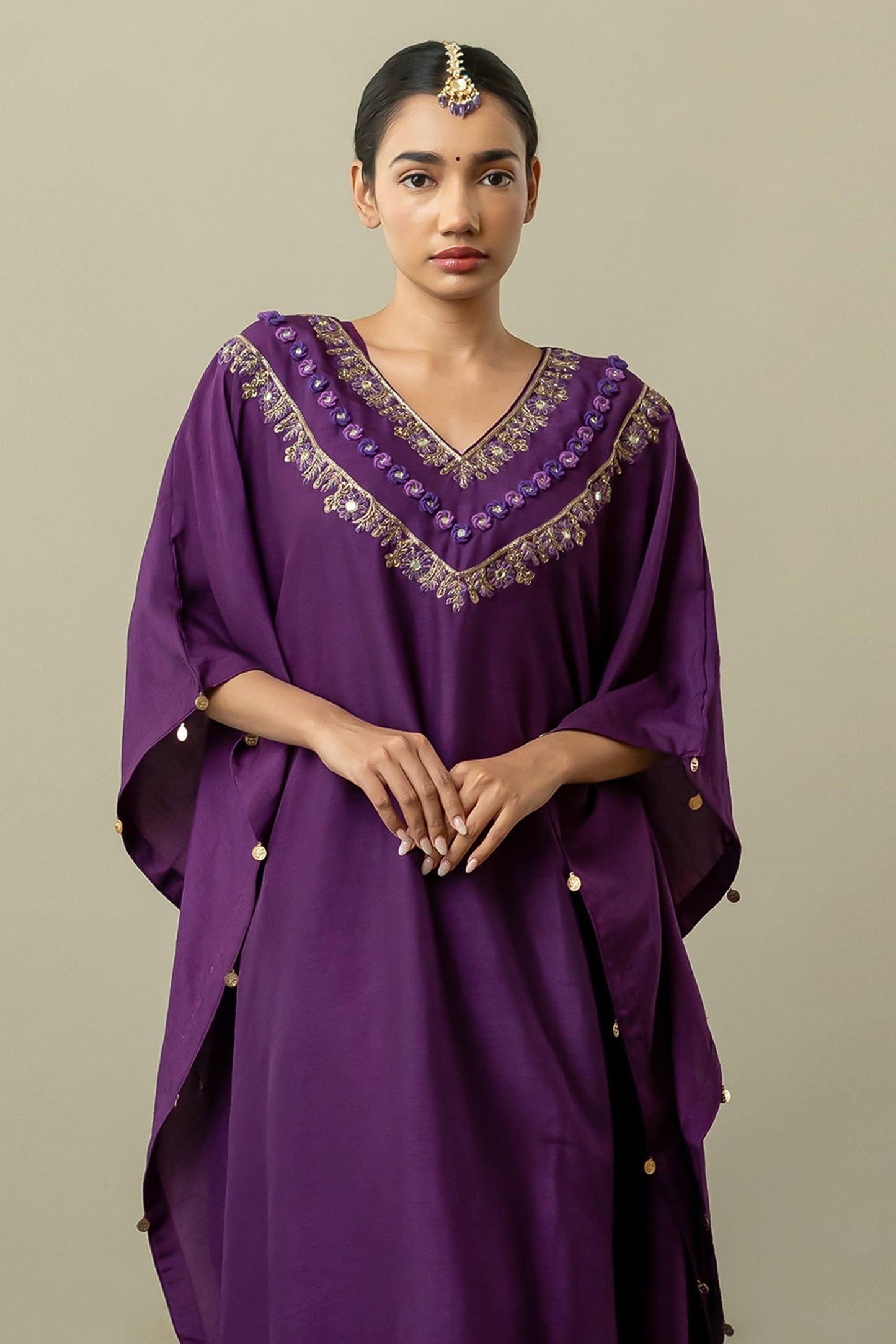 Purple Dupion Silk Embroidery Blossom Fleur Elegance Yoke Kaftan With Trouser - Designer Kurta Set