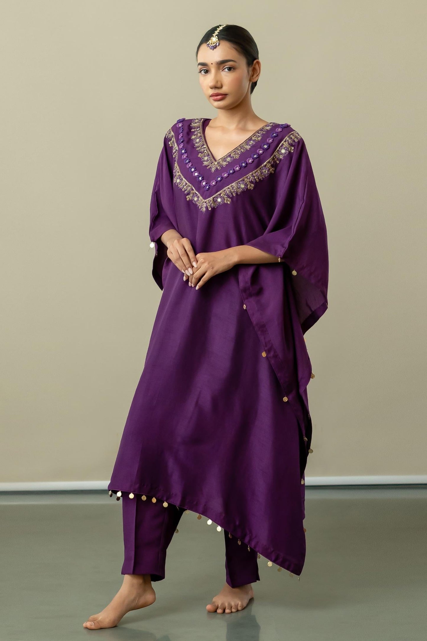 Purple Dupion Silk Embroidery Blossom Fleur Elegance Yoke Kaftan With Trouser - Designer Kurta Set