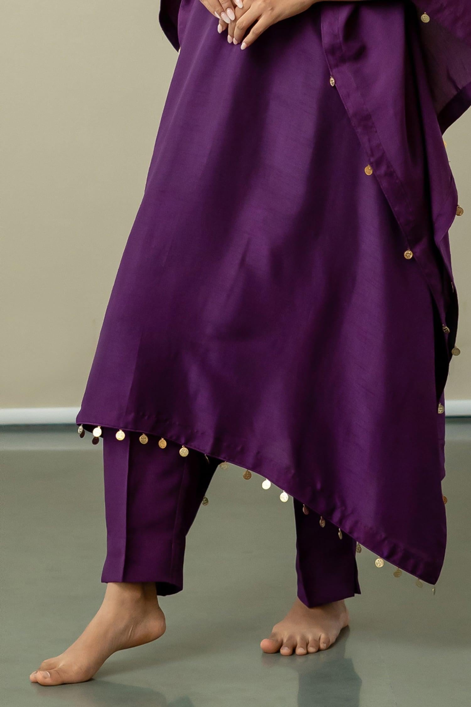 Purple Dupion Silk Embroidery Blossom Fleur Elegance Yoke Kaftan With Trouser - Designer Kurta Set