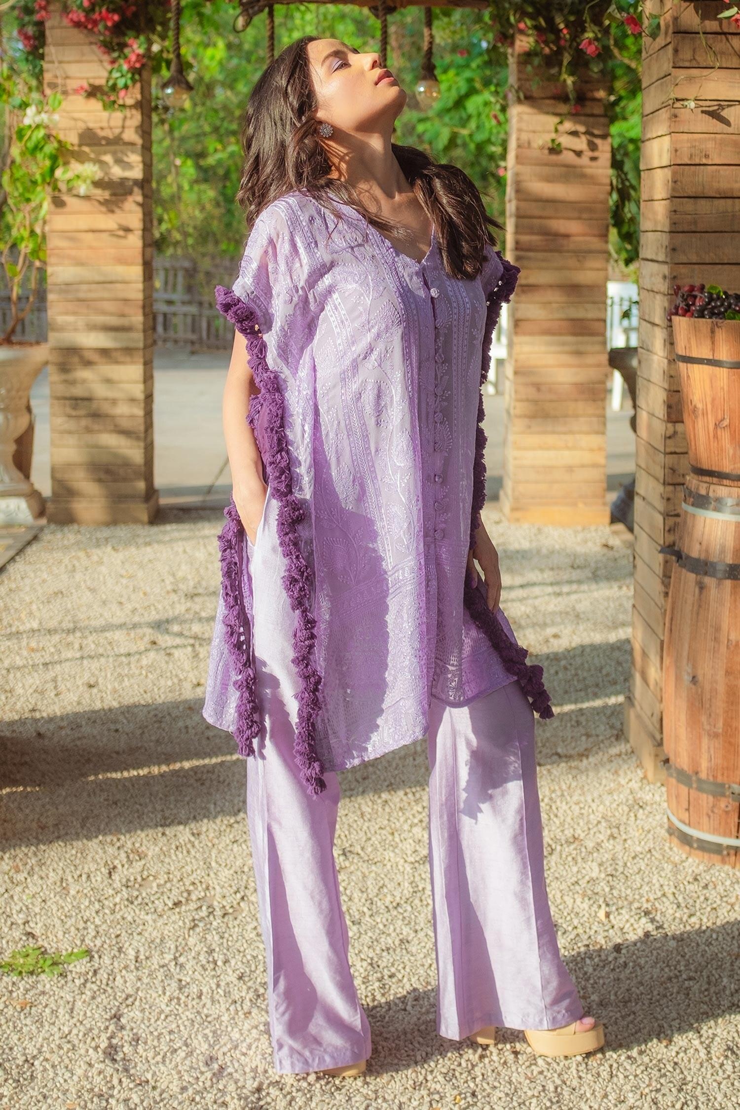 Purple Georgette Tassels V-neck V Kaftan And Pant Set - Designer Kurta Set