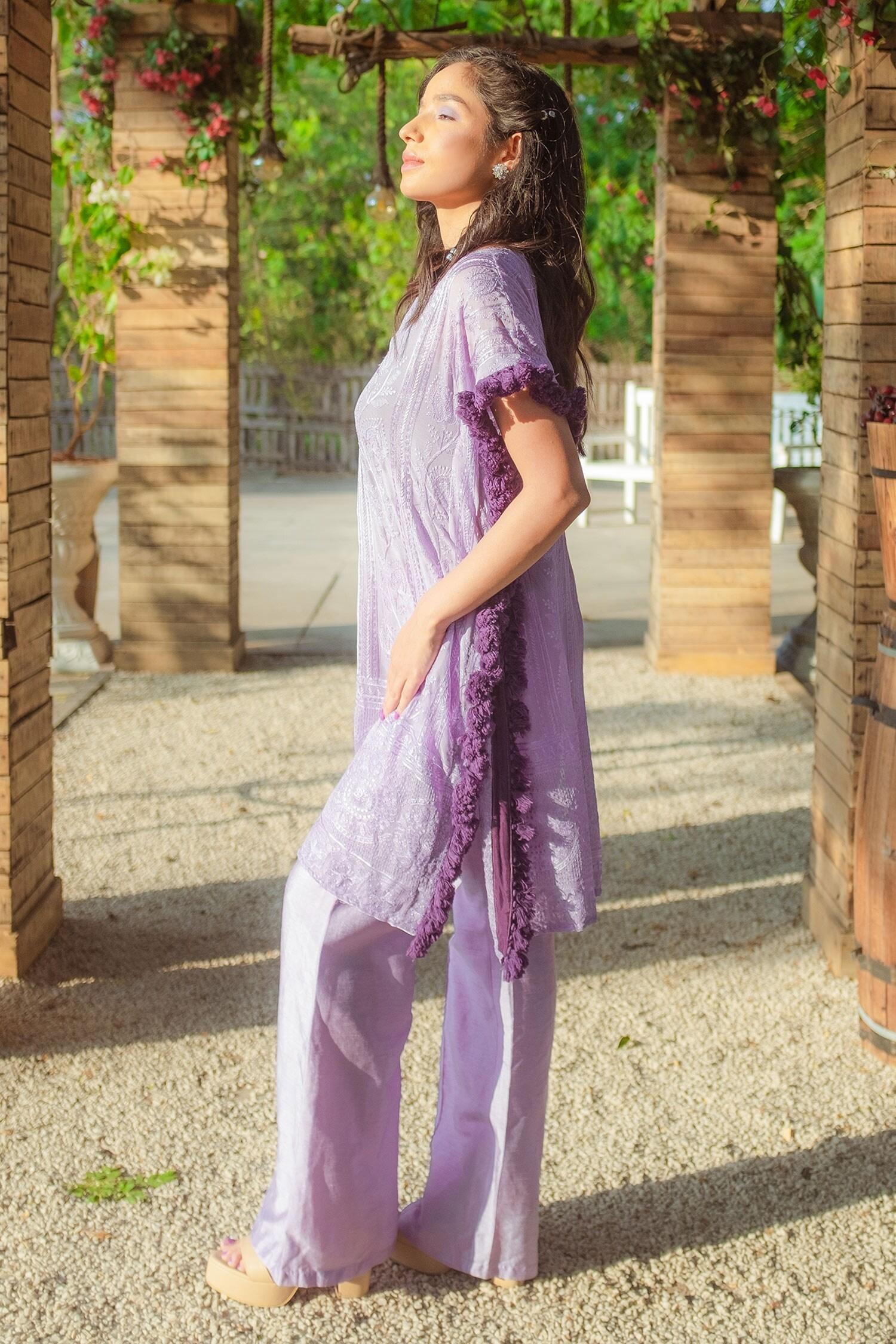 Purple Georgette Tassels V-neck V Kaftan And Pant Set - Designer Kurta Set