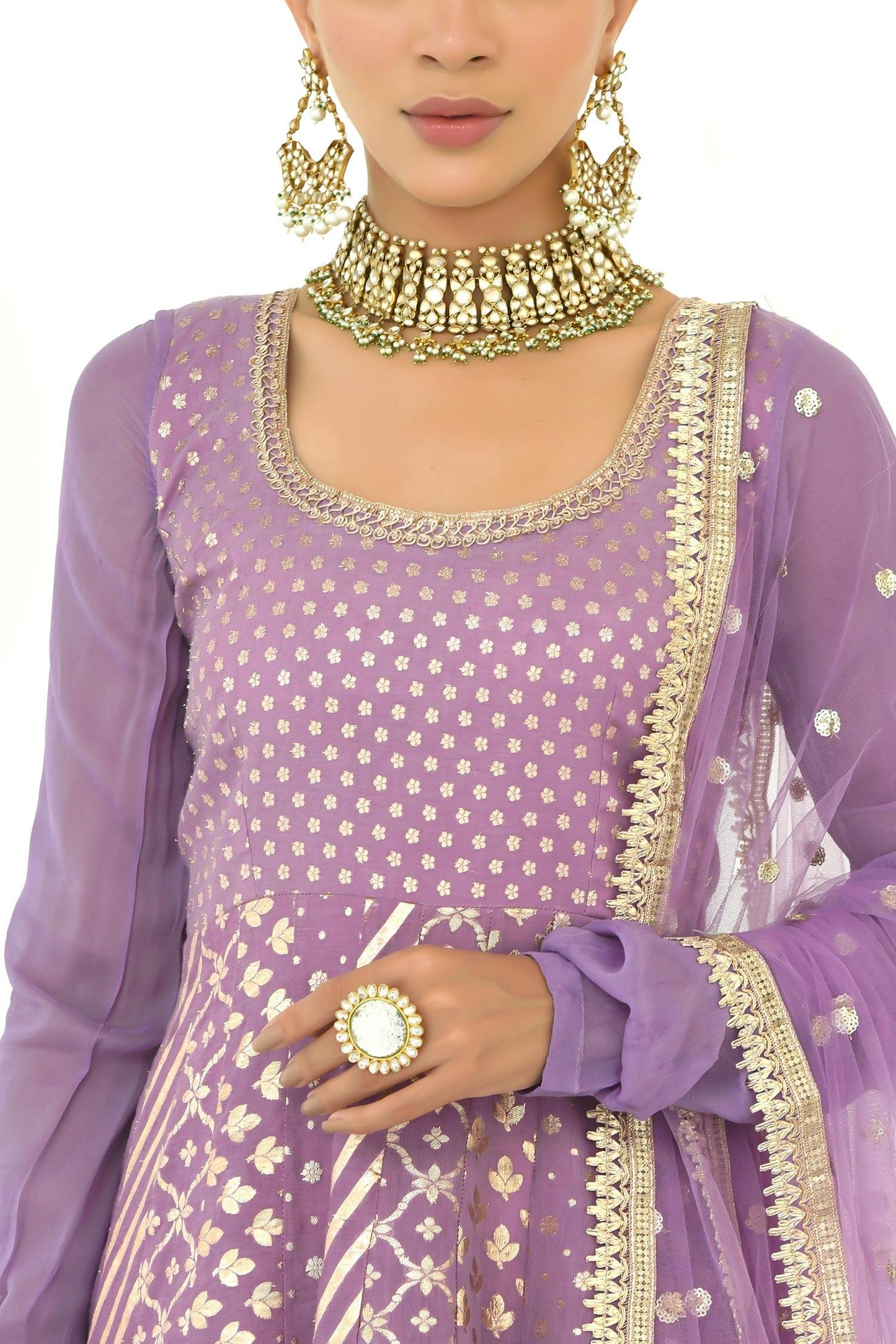 Purple Net, Chanderi, Georgette Embroidery, Floral Pattern Anarkali With Dupatta - Designer Kurta Set