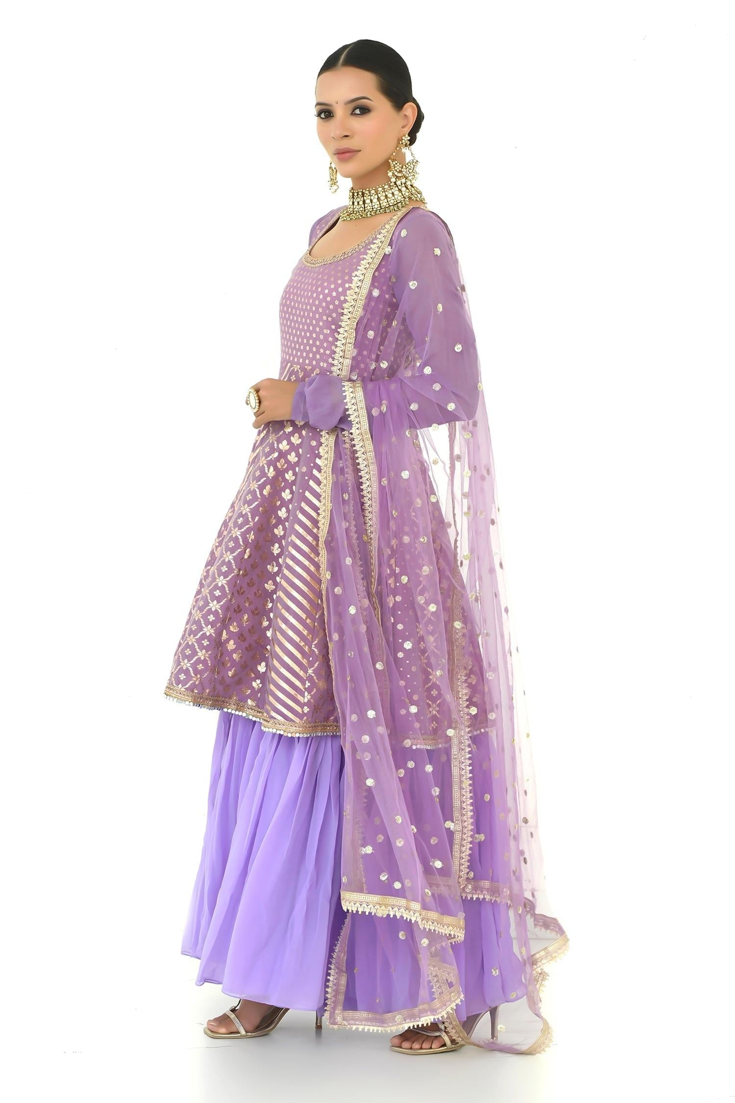 Purple Net, Chanderi, Georgette Embroidery, Floral Pattern Anarkali With Dupatta - Designer Kurta Set