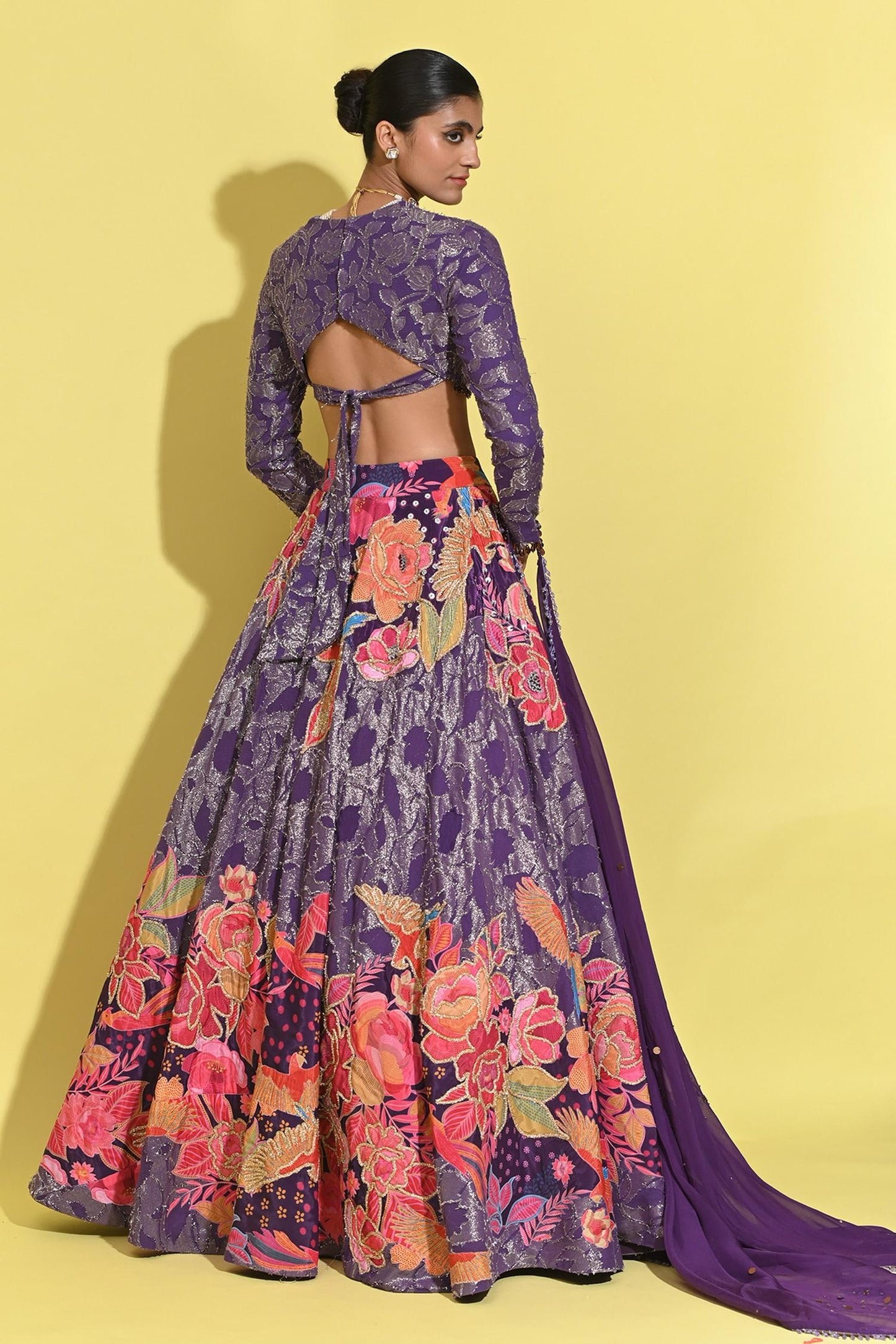 Purple Organza, Georgette Sequins, Tassels, Fringe, Bloom Print And Lehenga Set - Designer Kurta Set