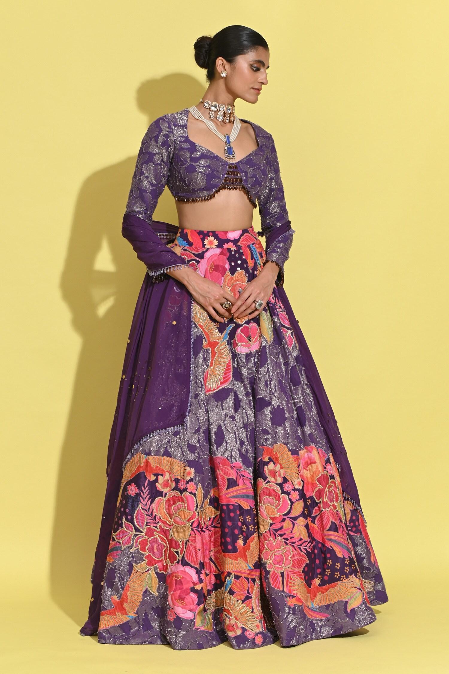 Purple Organza, Georgette Sequins, Tassels, Fringe, Bloom Print And Lehenga Set - Designer Kurta Set