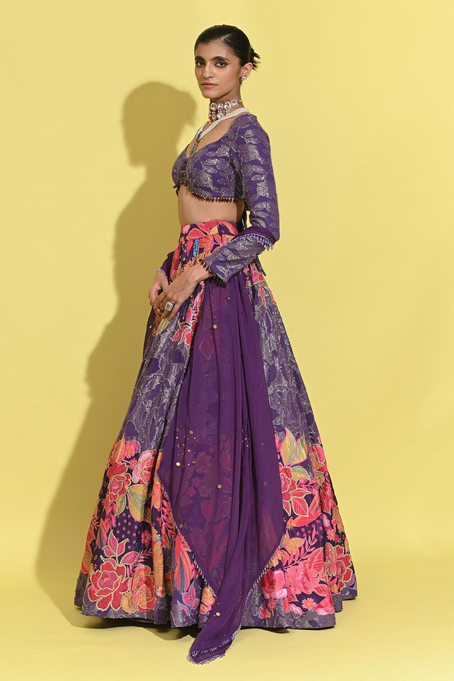 Purple Organza, Georgette Sequins, Tassels, Fringe, Bloom Print And Lehenga Set - Designer Kurta Set