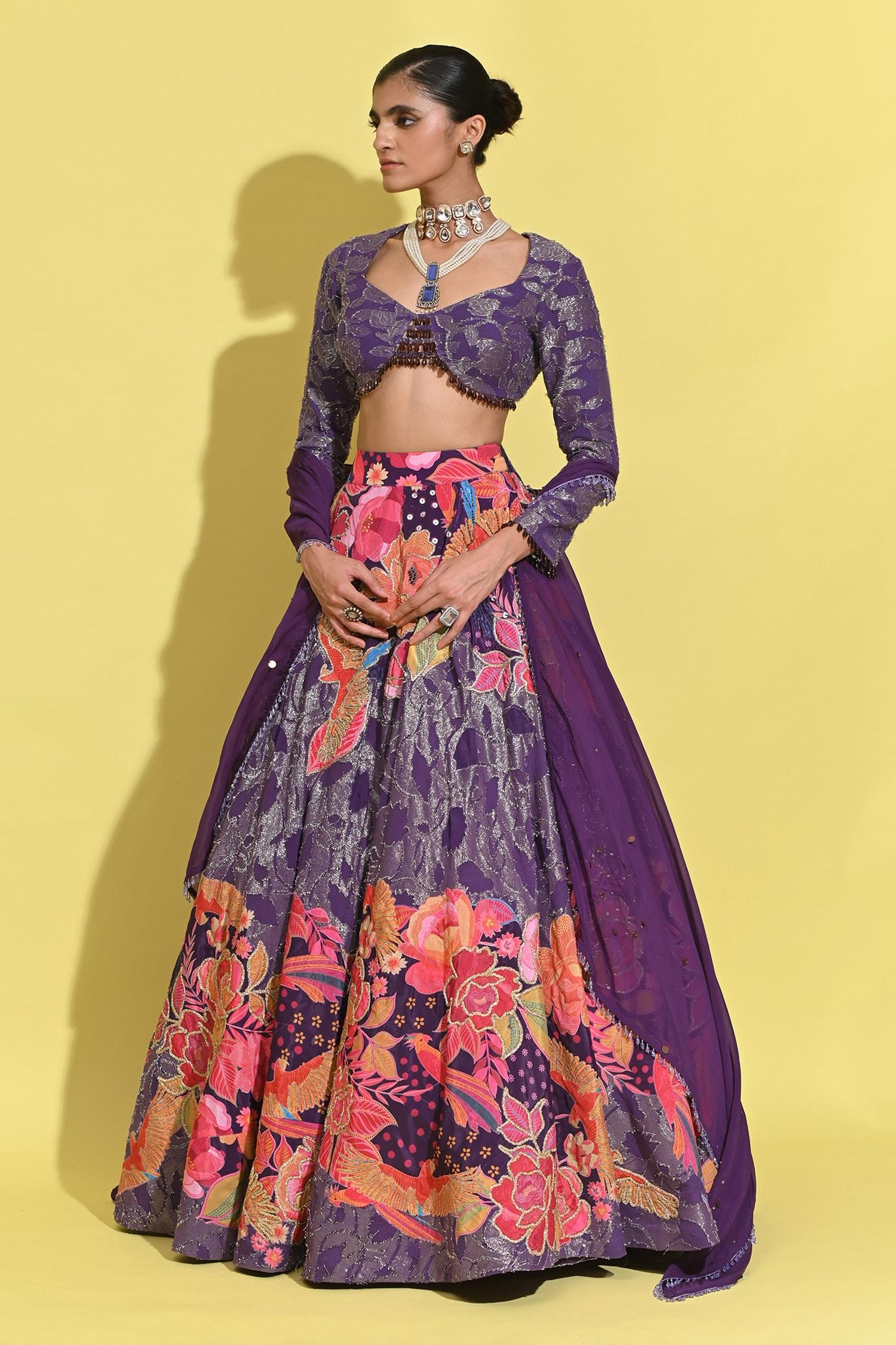 Purple Organza, Georgette Sequins, Tassels, Fringe, Bloom Print And Lehenga Set - Designer Kurta Set