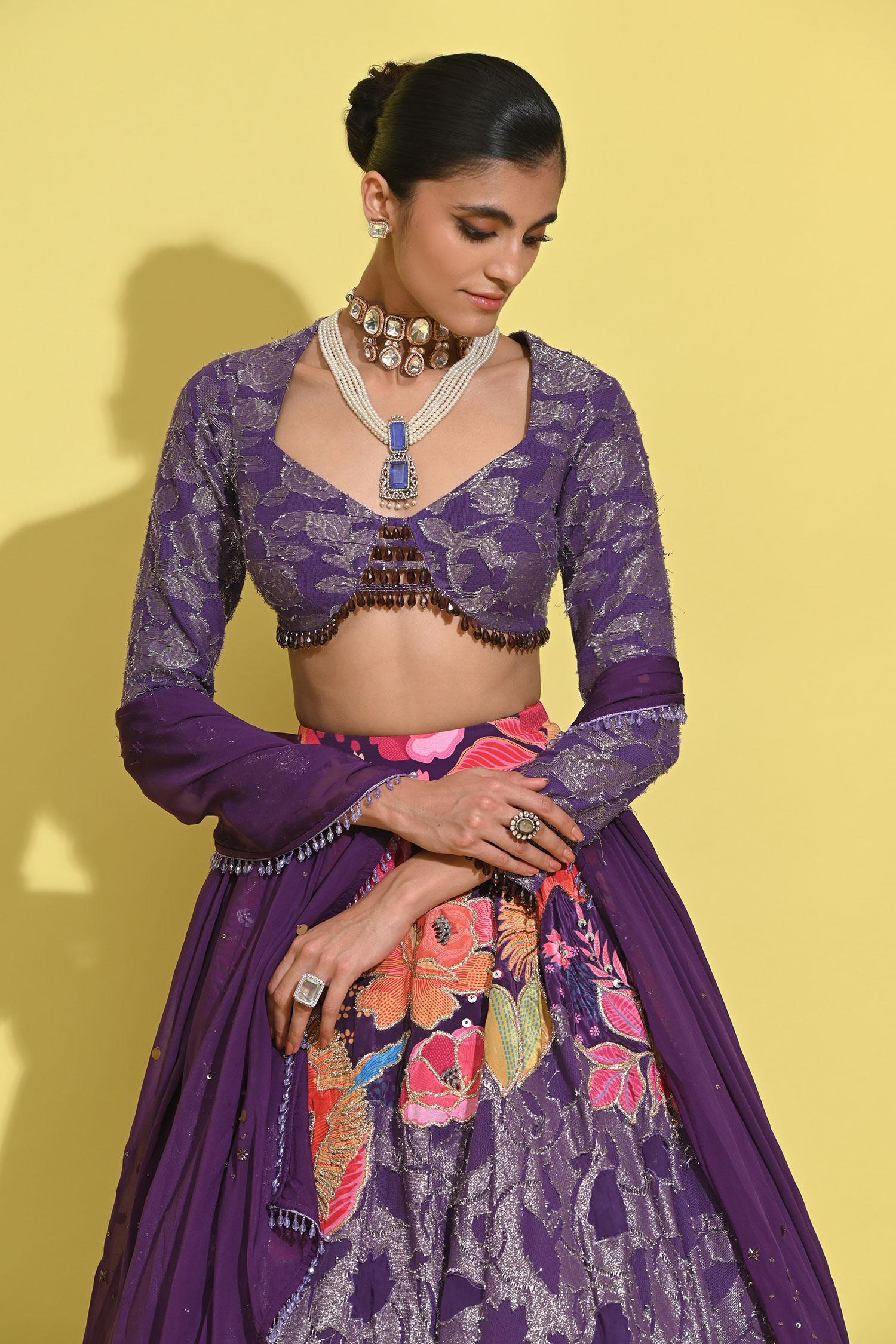Purple Organza, Georgette Sequins, Tassels, Fringe, Bloom Print And Lehenga Set - Designer Kurta Set