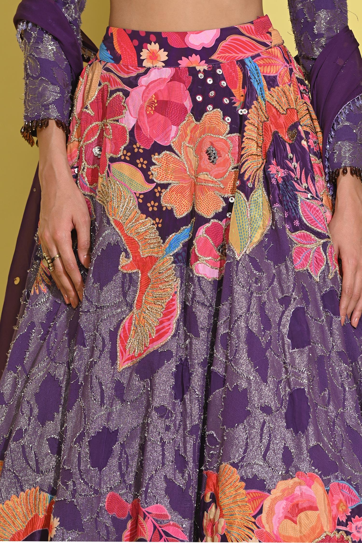 Purple Organza, Georgette Sequins, Tassels, Fringe, Bloom Print And Lehenga Set - Designer Kurta Set