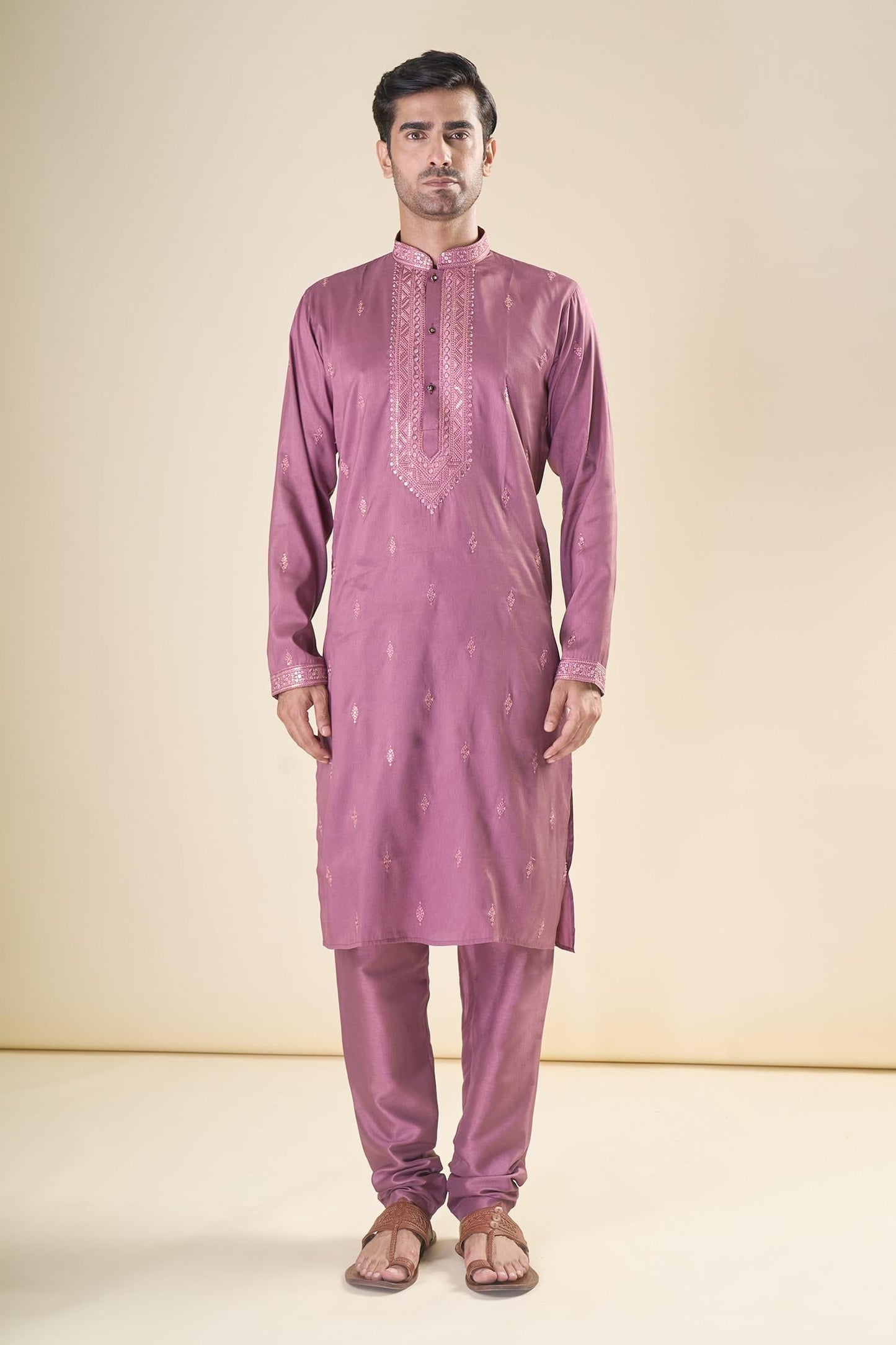 Kurta With Pyjama Purple Satin Sequins Embroidery Straight