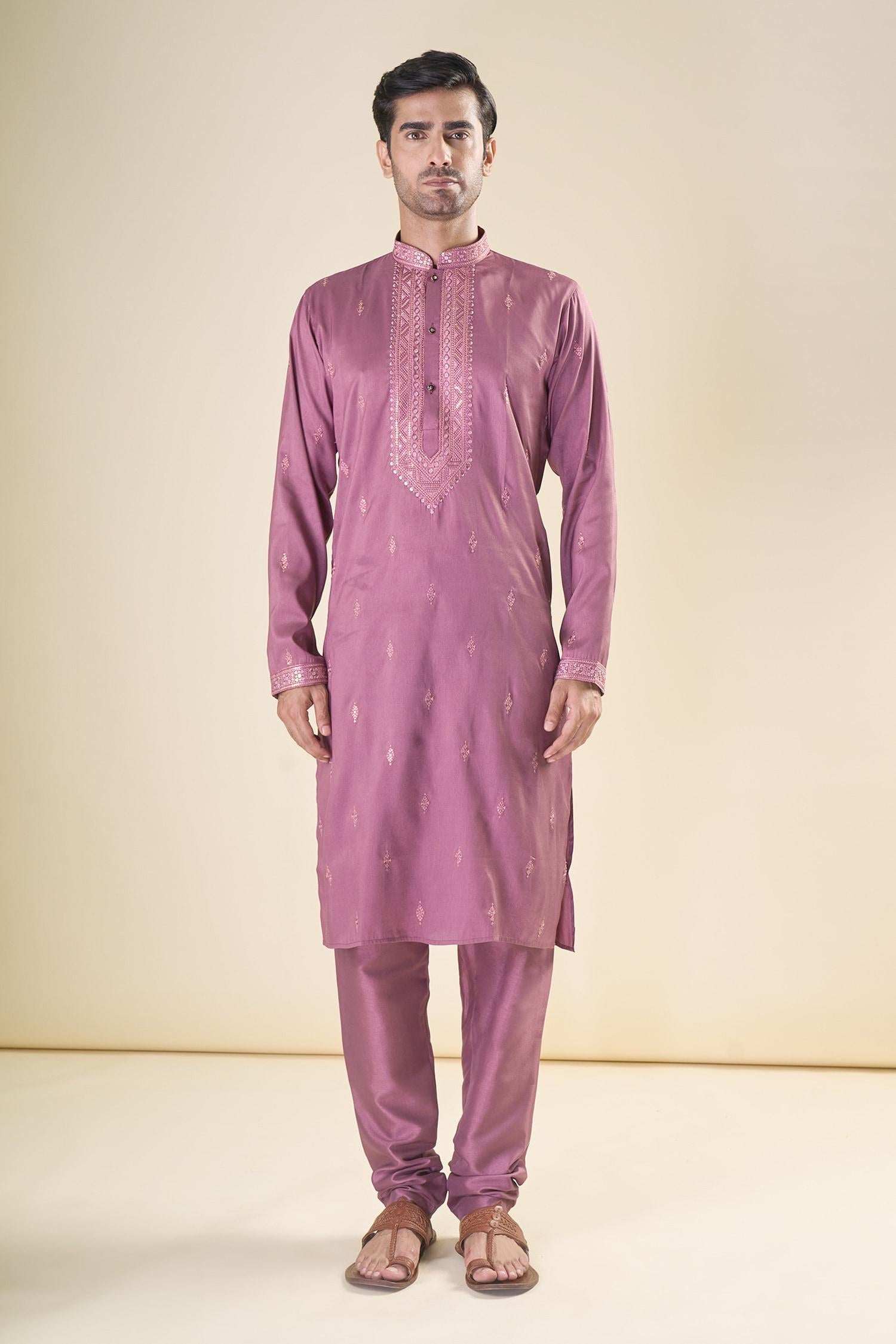 Kurta With Pyjama Purple Satin Sequins Embroidery Straight