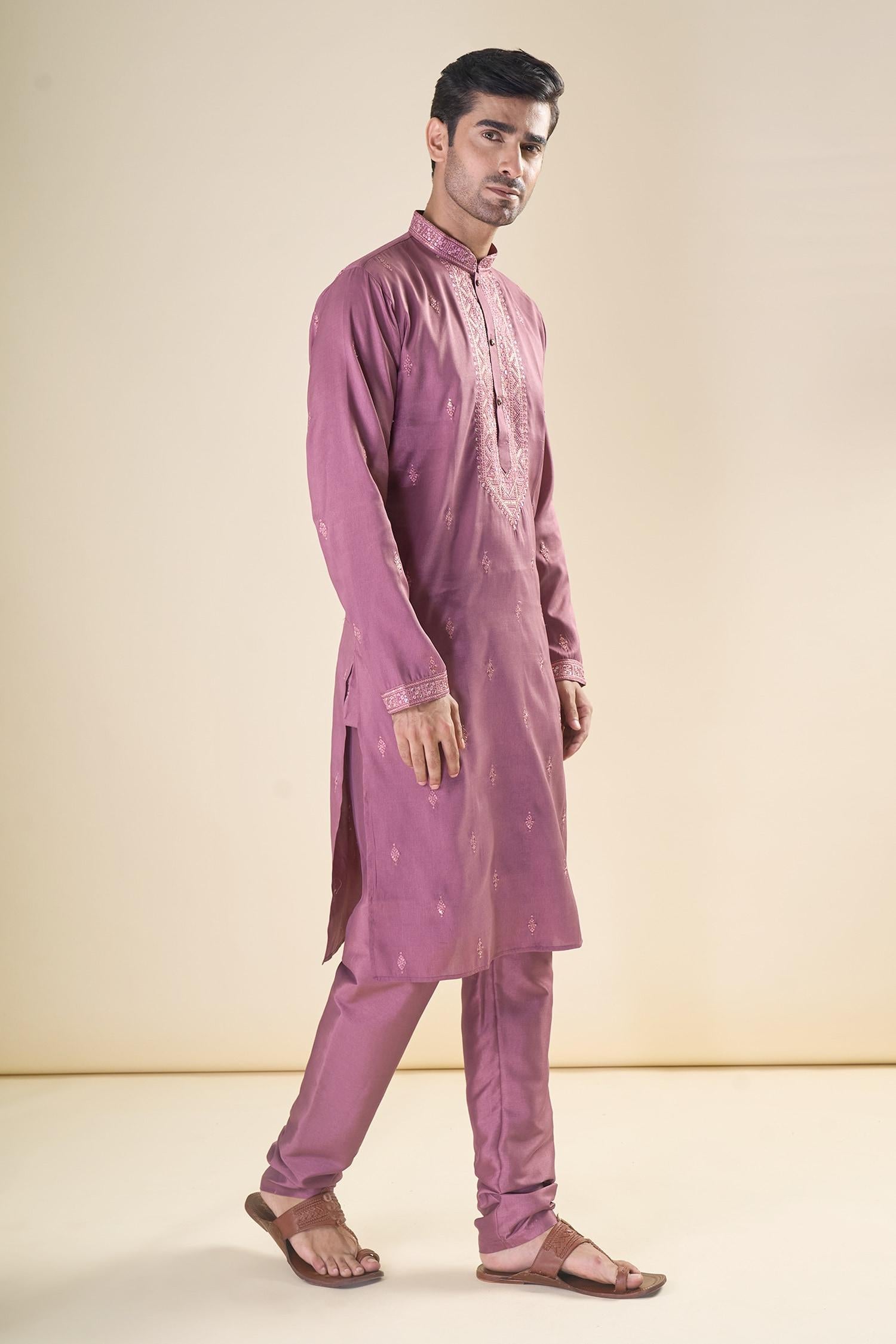 Kurta With Pyjama Purple Satin Sequins Embroidery Straight