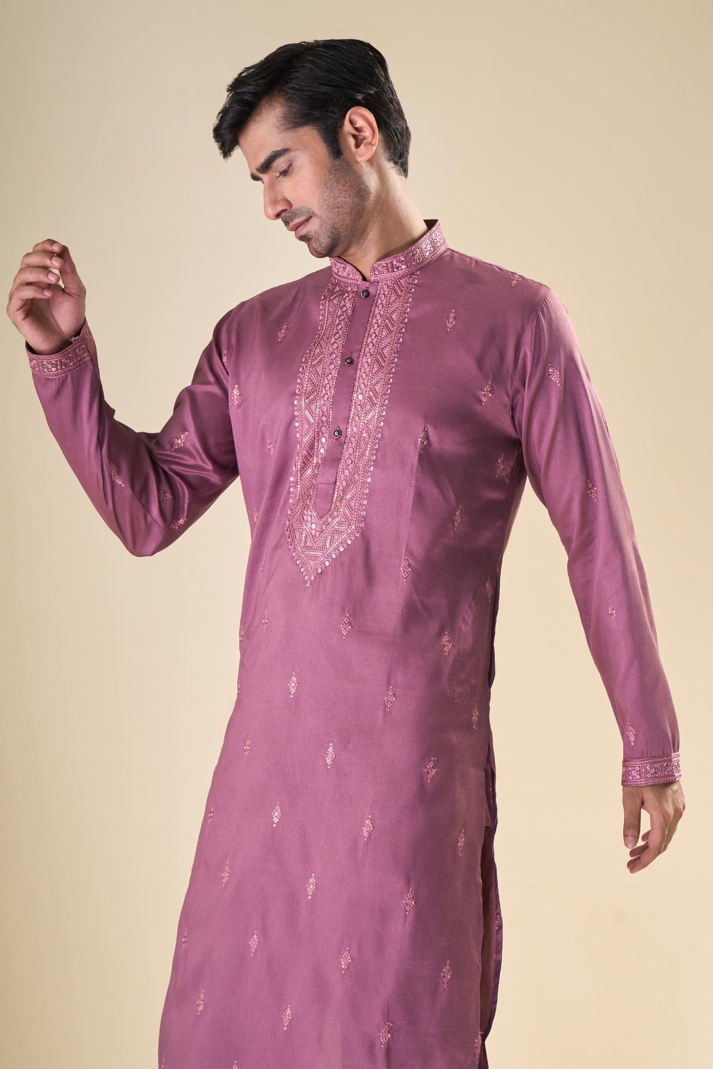 Kurta With Pyjama Purple Satin Sequins Embroidery Straight