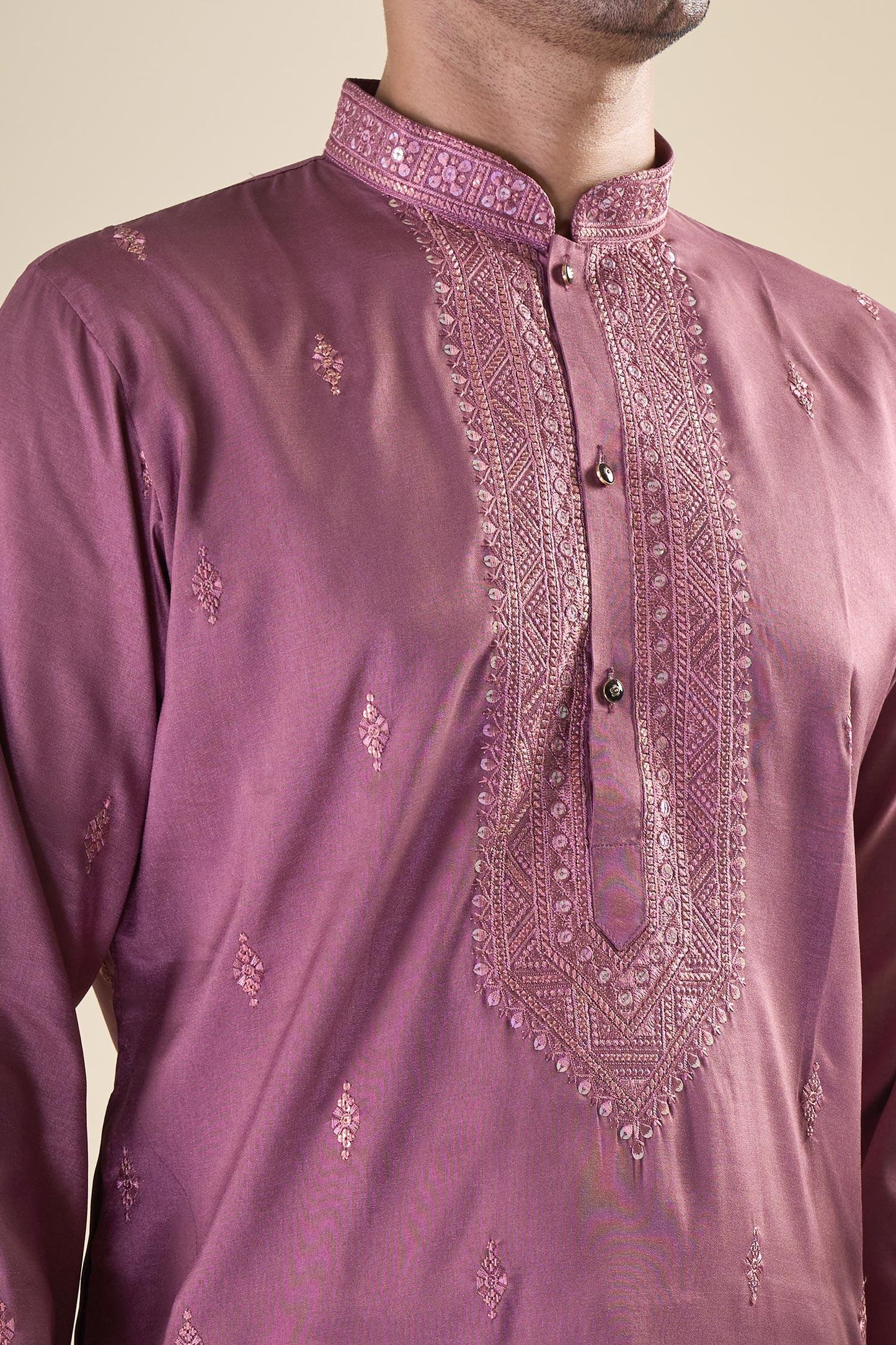 Kurta With Pyjama Purple Satin Sequins Embroidery Straight
