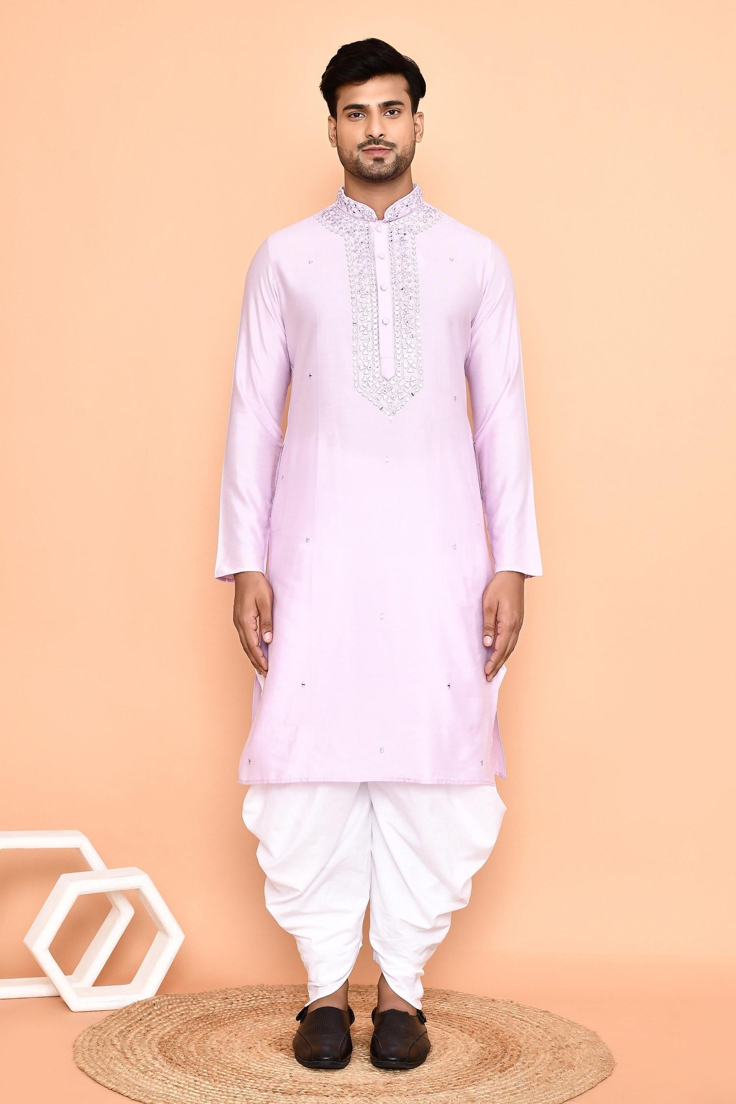 Kurta With Patiyala Purple Silk Cotton Mirrors Embroidery Thread
