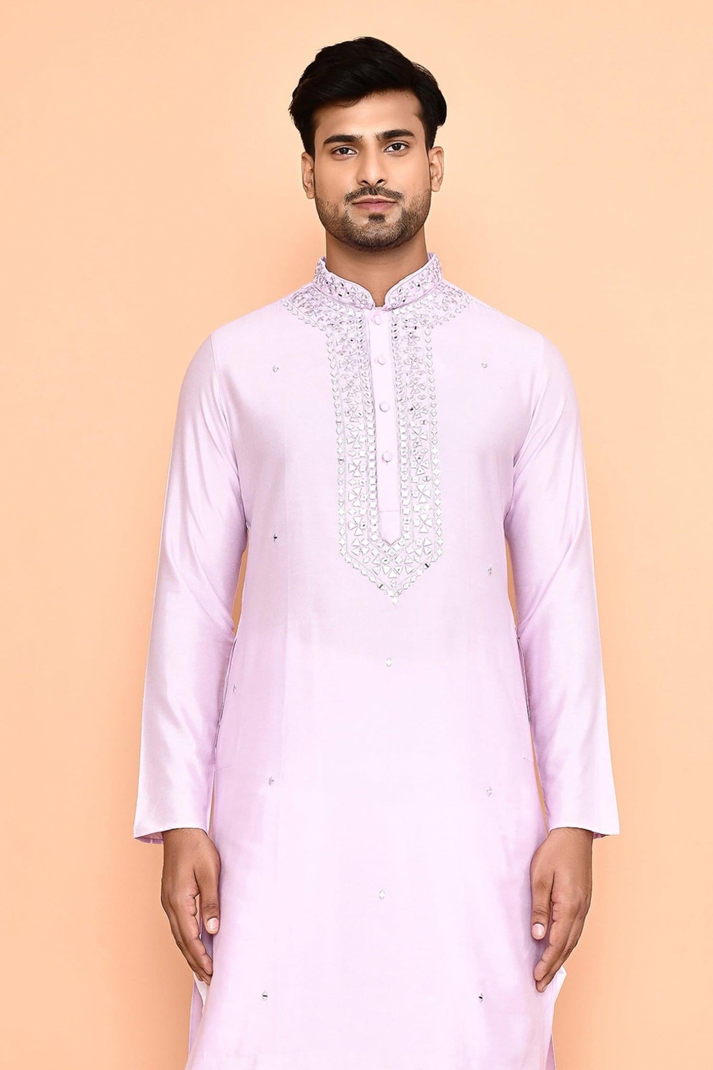 Kurta With Patiyala Purple Silk Cotton Mirrors Embroidery Thread