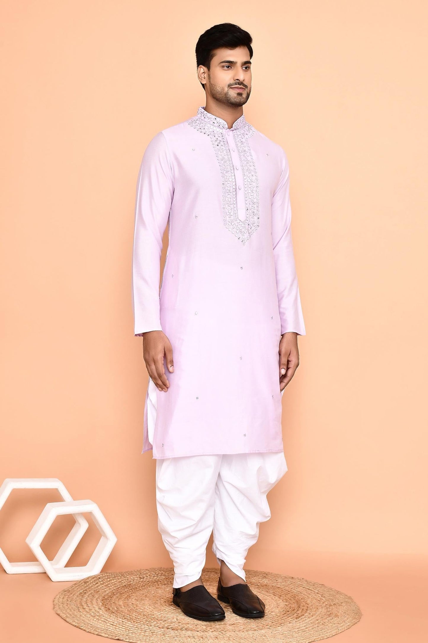 Kurta With Patiyala Purple Silk Cotton Mirrors Embroidery Thread