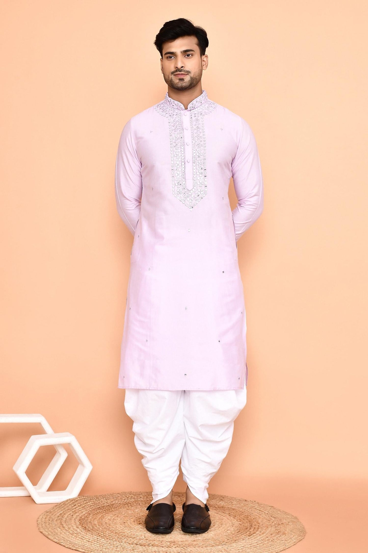 Kurta With Patiyala Purple Silk Cotton Mirrors Embroidery Thread