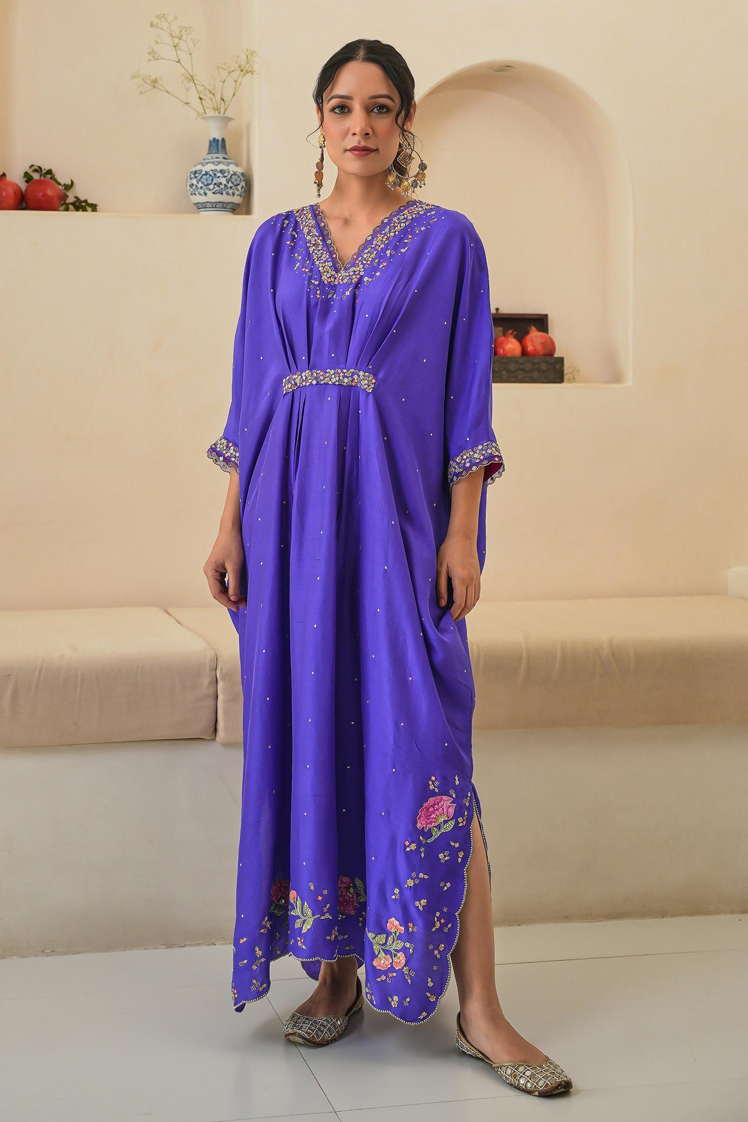Purple Silk Sequins, Cut Work V-neck Ariana Dupion Kaftan - Designer Kurta Set