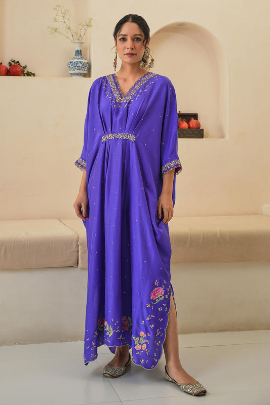 Purple Silk Sequins, Cut Work V-neck Ariana Dupion Kaftan - Designer Kurta Set