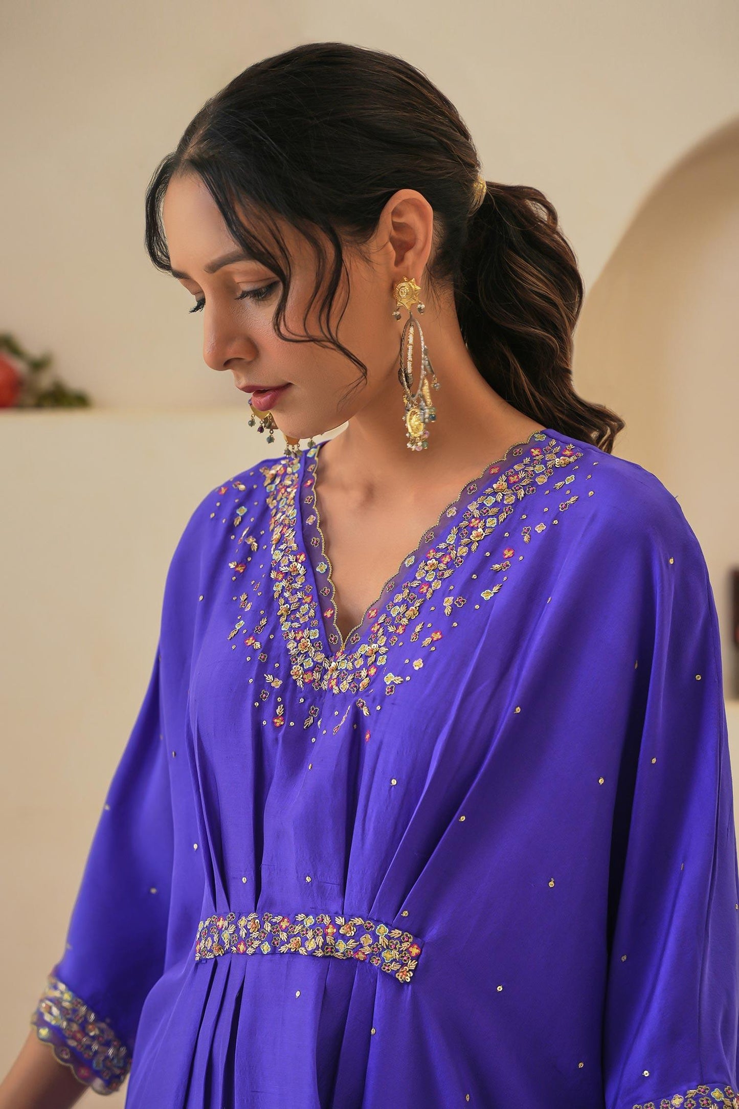 Purple Silk Sequins, Cut Work V-neck Ariana Dupion Kaftan - Designer Kurta Set