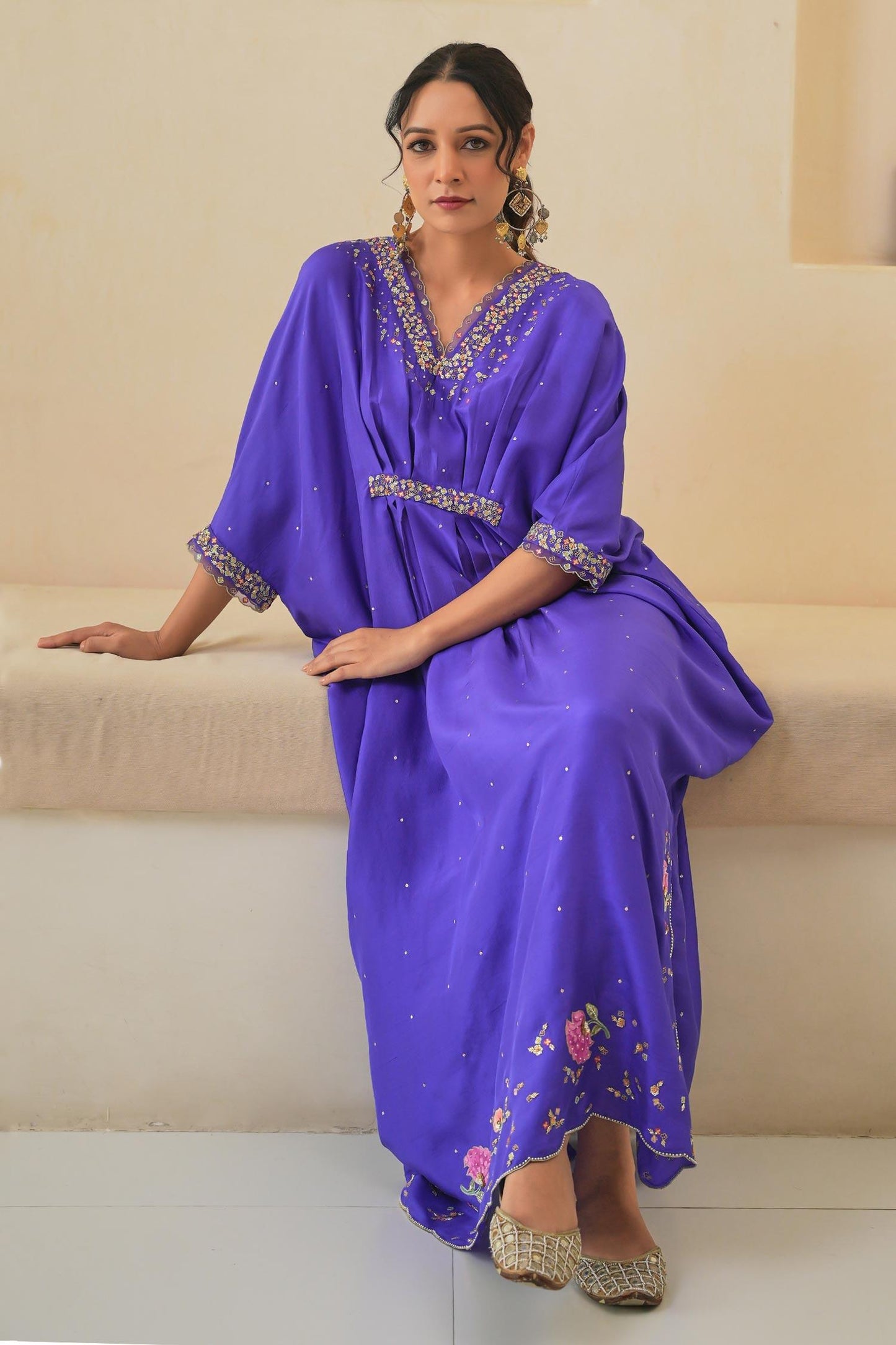 Purple Silk Sequins, Cut Work V-neck Ariana Dupion Kaftan - Designer Kurta Set