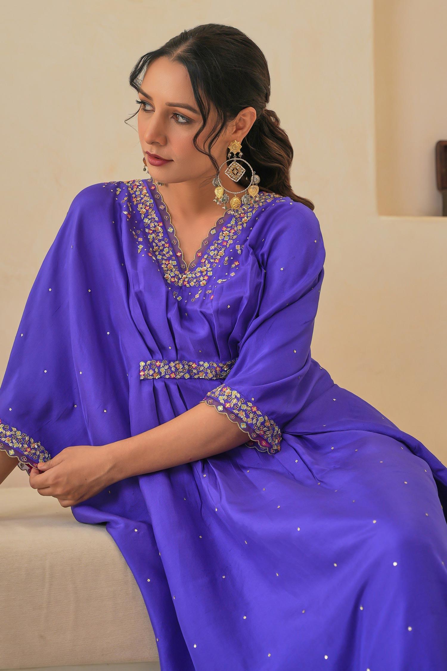 Purple Silk Sequins, Cut Work V-neck Ariana Dupion Kaftan - Designer Kurta Set