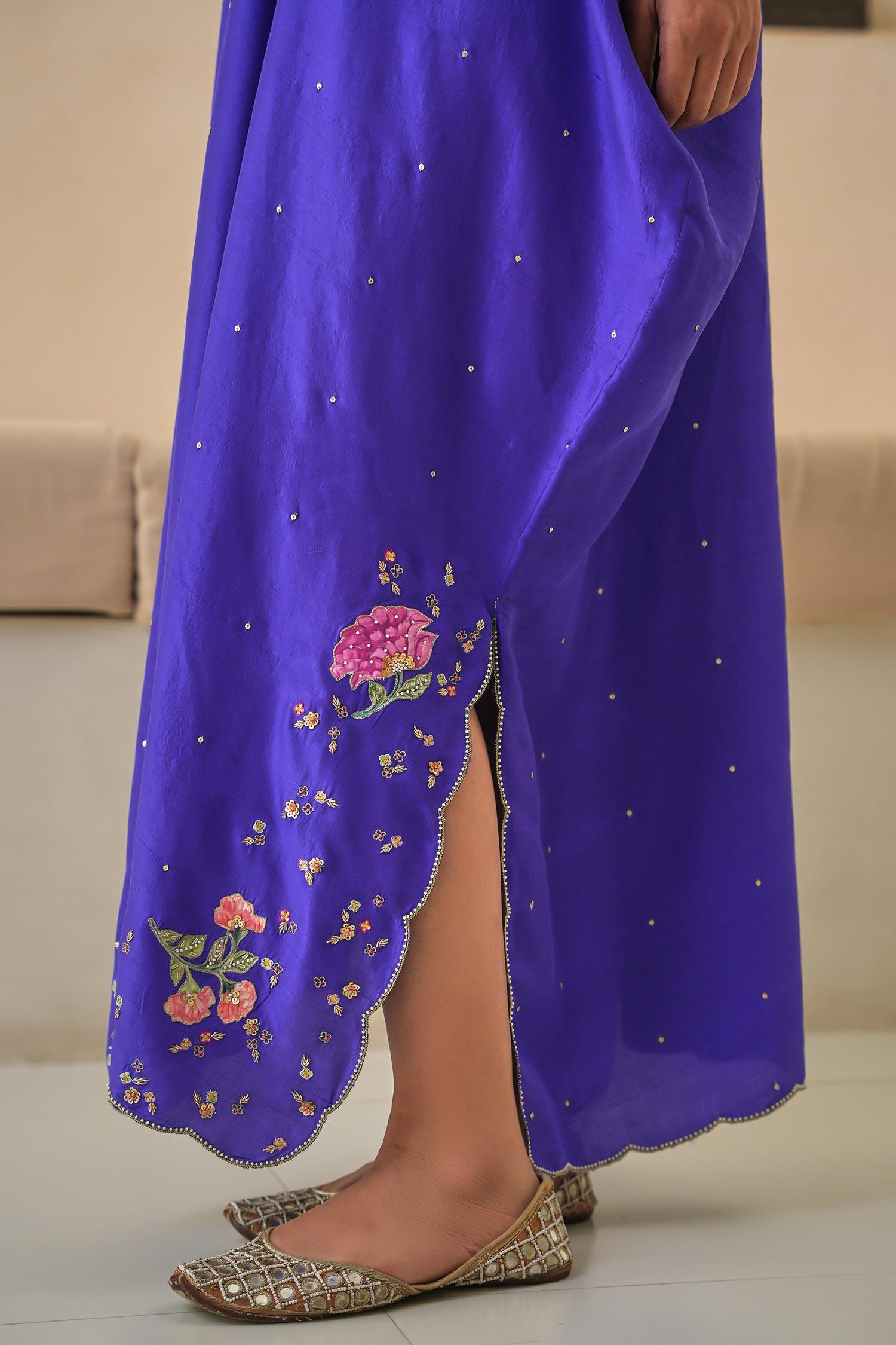 Purple Silk Sequins, Cut Work V-neck Ariana Dupion Kaftan - Designer Kurta Set