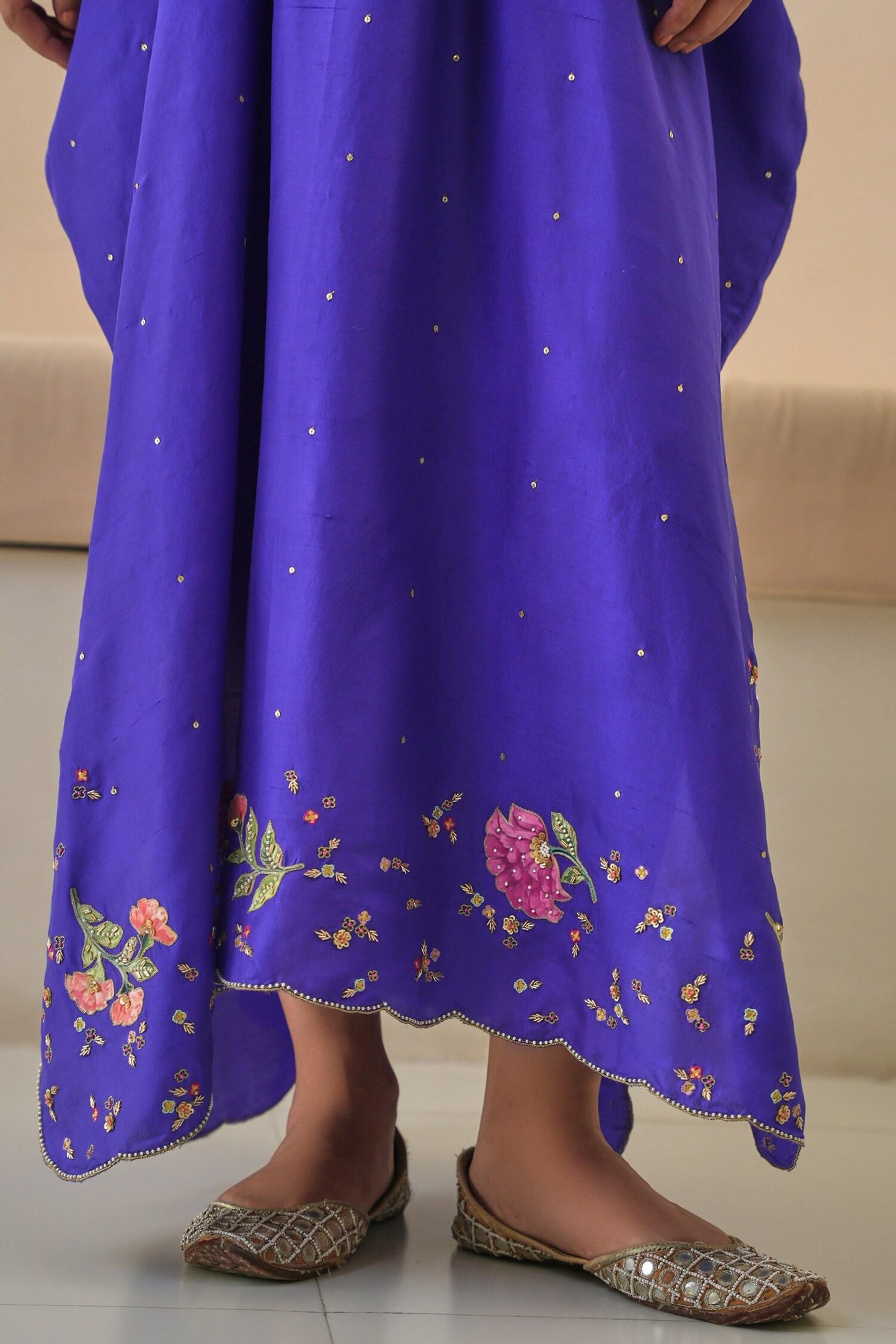 Purple Silk Sequins, Cut Work V-neck Ariana Dupion Kaftan - Designer Kurta Set
