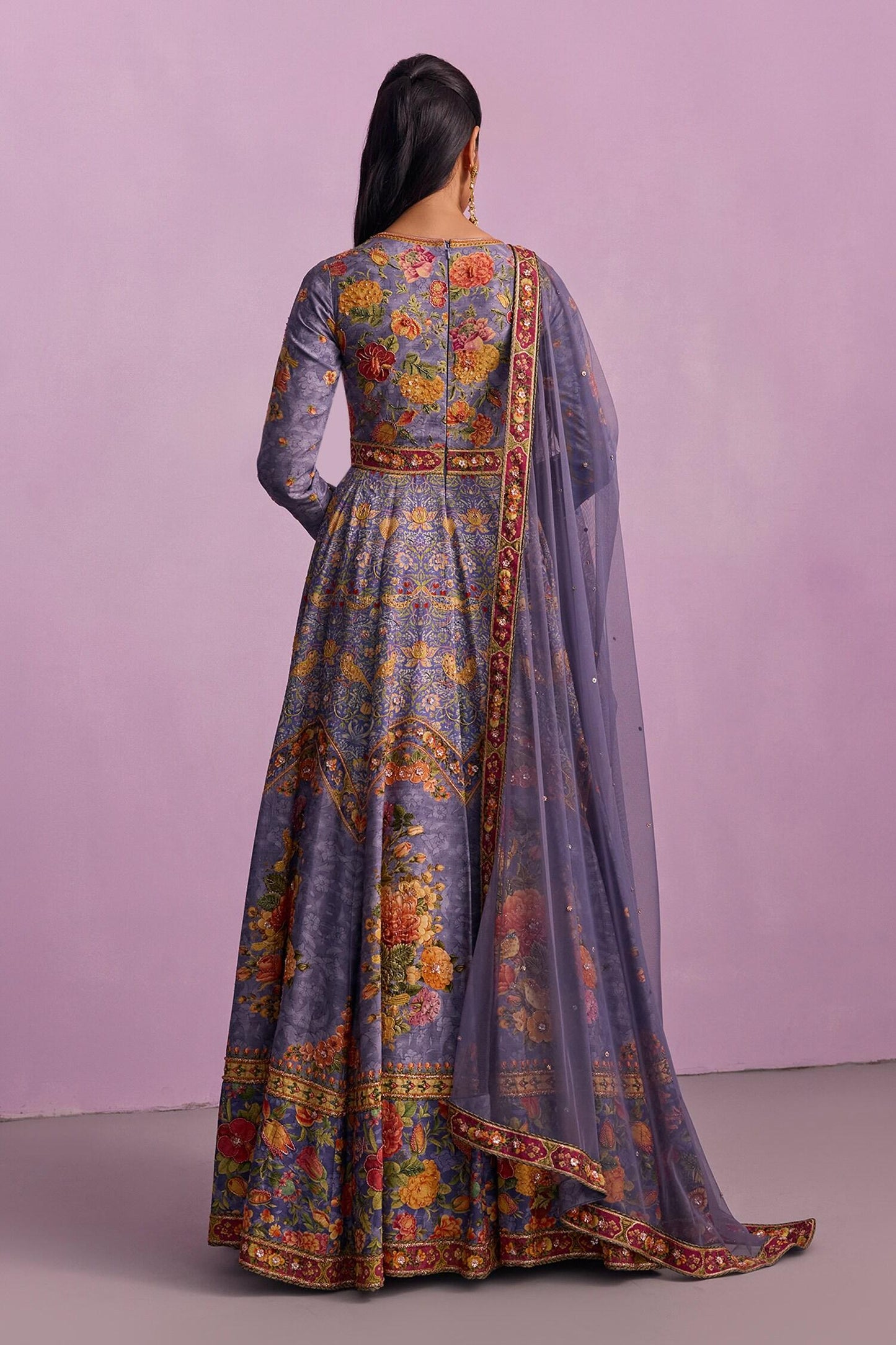 Purple Tulle, Viscose Tahira Guldasta Print Embellished Anarkali With Dupatta - Designer Kurta Set