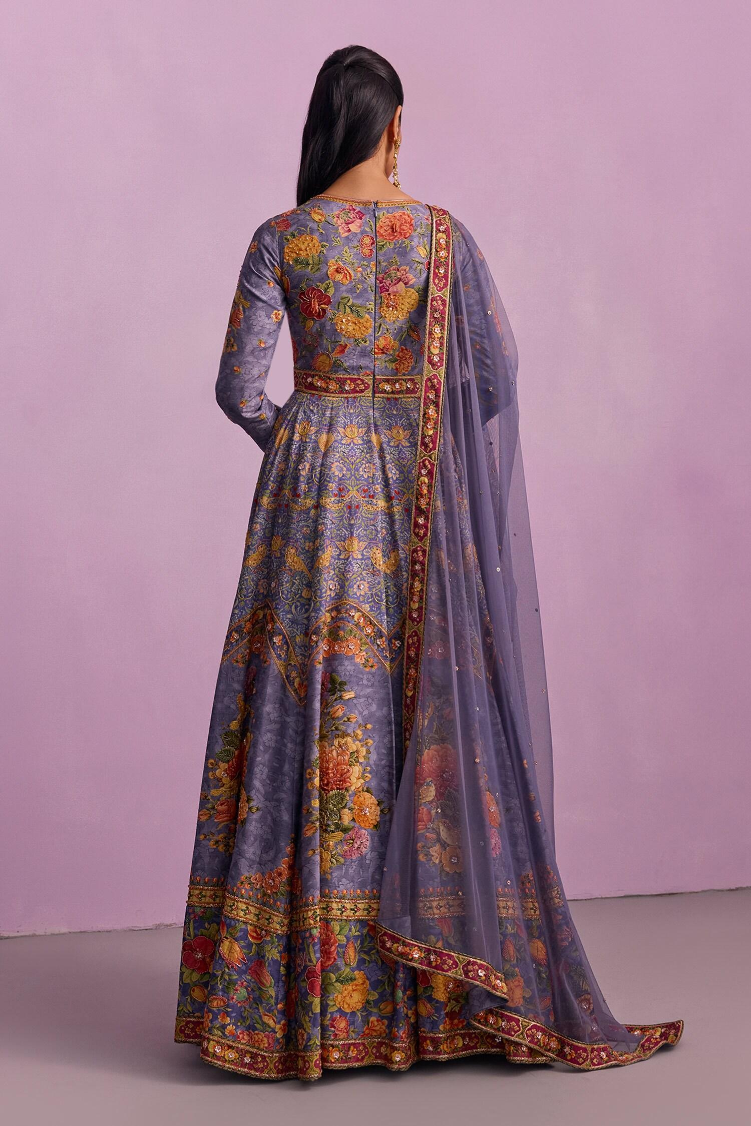 Purple Tulle, Viscose Tahira Guldasta Print Embellished Anarkali With Dupatta - Designer Kurta Set