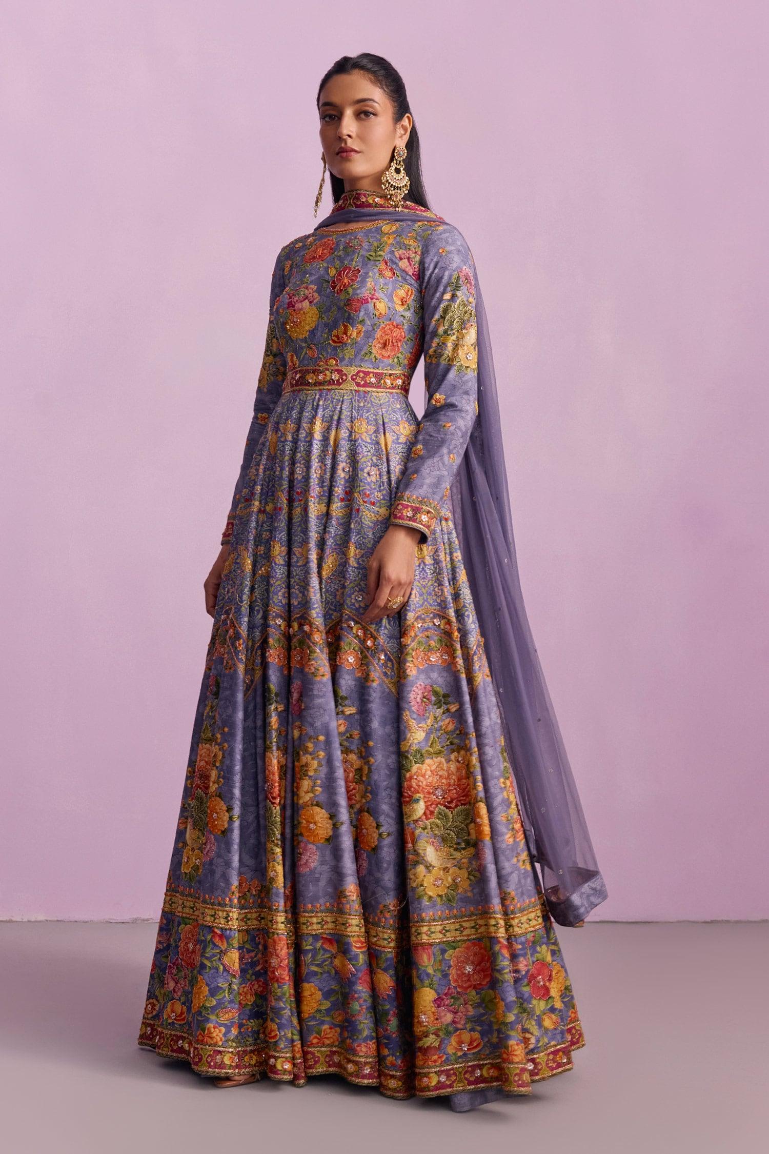 Purple Tulle, Viscose Tahira Guldasta Print Embellished Anarkali With Dupatta - Designer Kurta Set