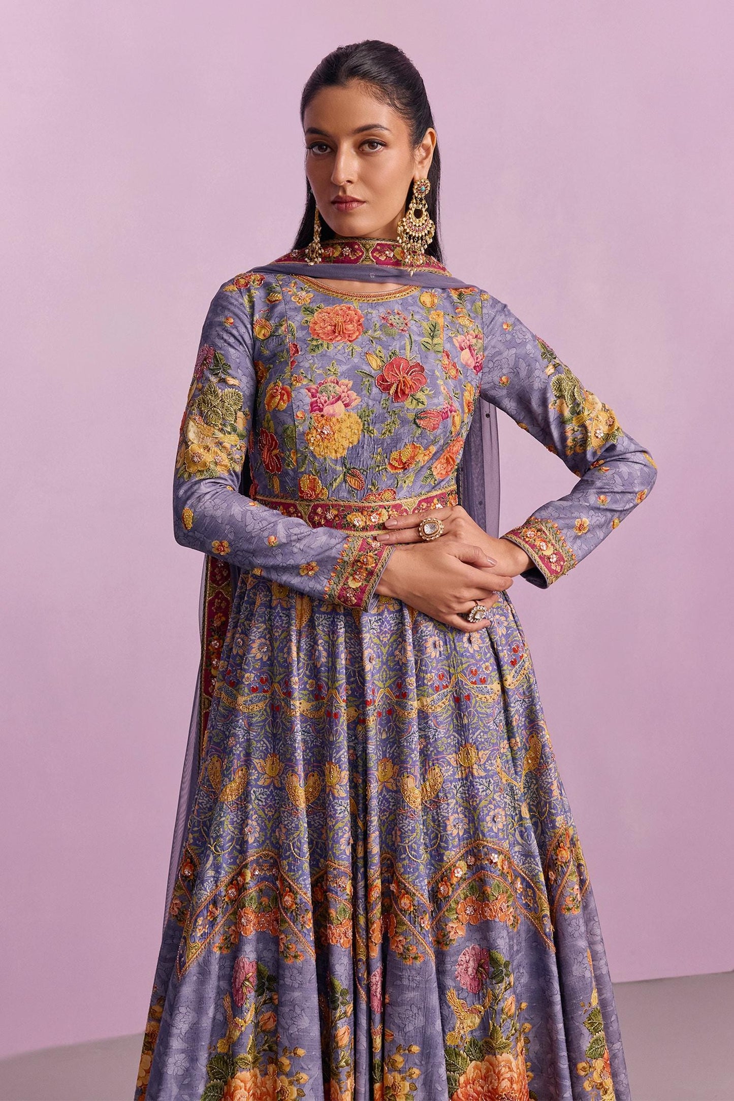 Purple Tulle, Viscose Tahira Guldasta Print Embellished Anarkali With Dupatta - Designer Kurta Set