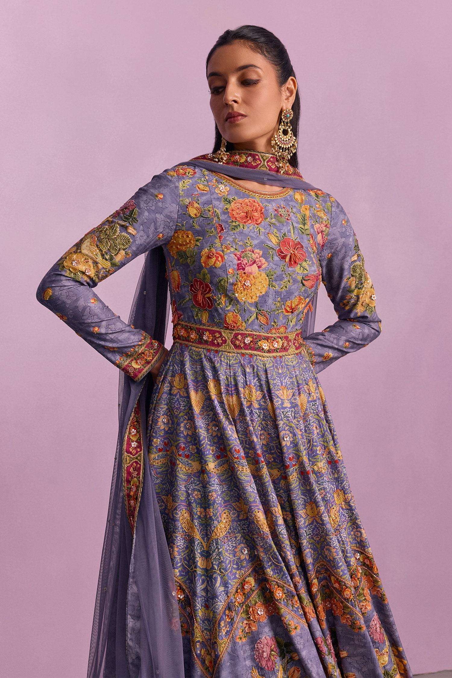 Purple Tulle, Viscose Tahira Guldasta Print Embellished Anarkali With Dupatta - Designer Kurta Set