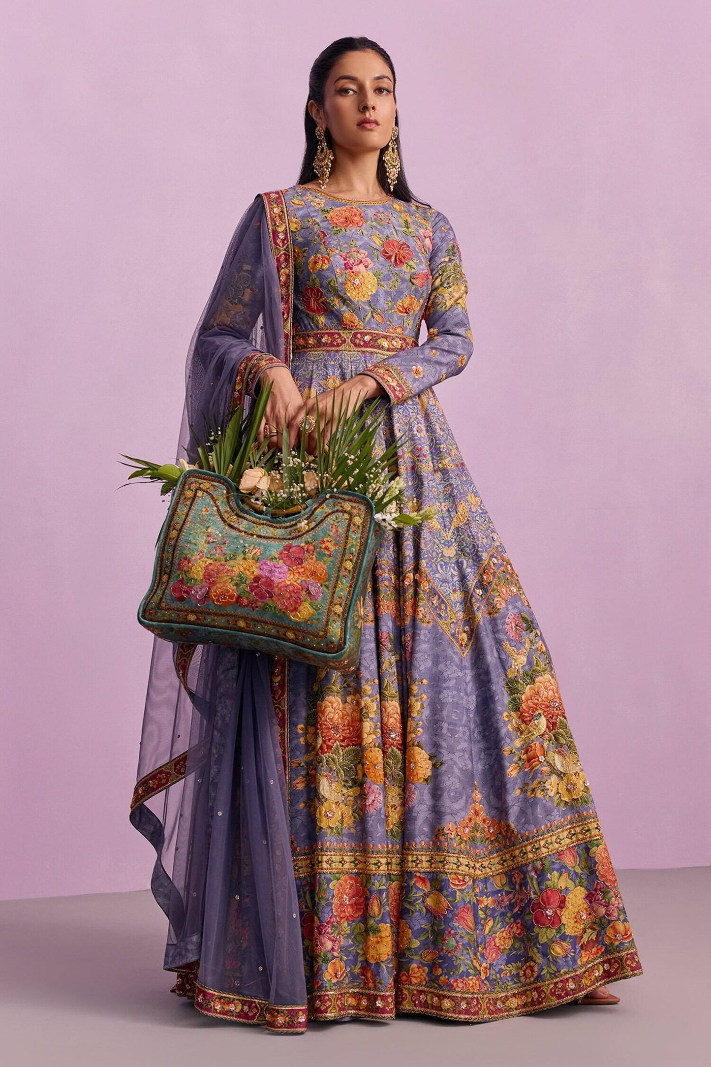 Purple Tulle, Viscose Tahira Guldasta Print Embellished Anarkali With Dupatta - Designer Kurta Set