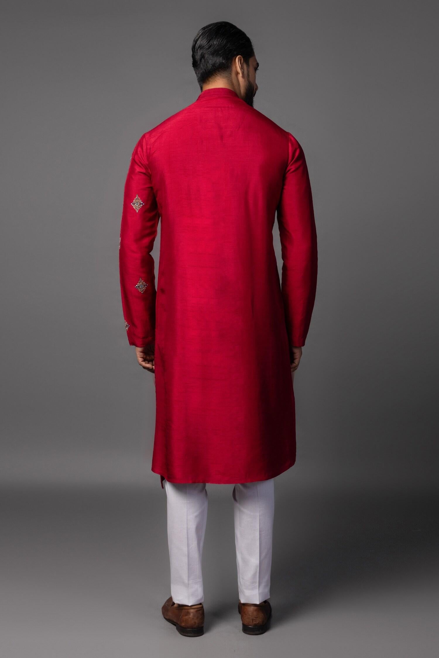 Kurta Set Red Bamboo Embroidery Kasuti Asymmetric